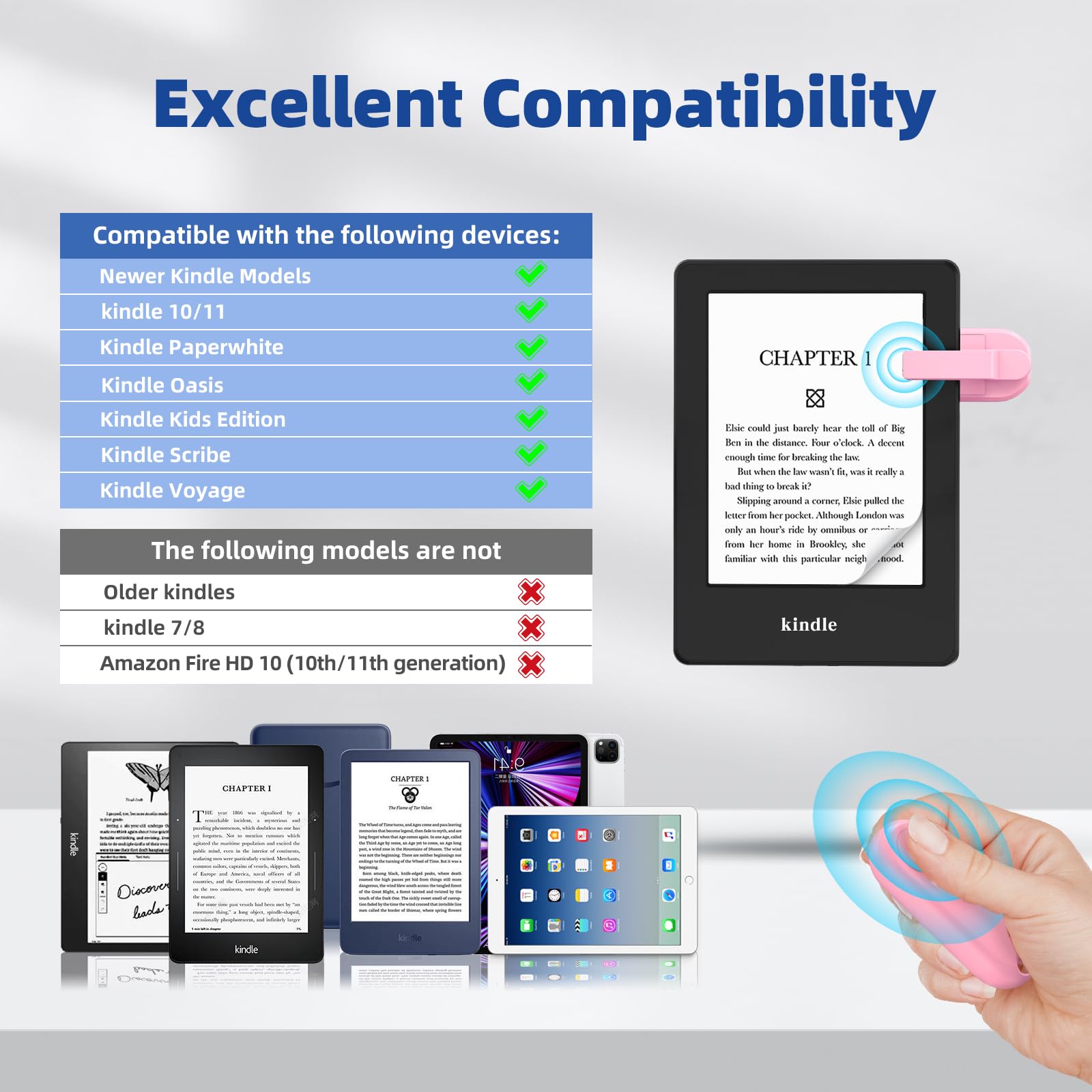 Kindle Page Turner Remote Control - Compatible with Kindle Paperwhite, Oasis & iPad Kindle App | Hands-Free Reading Accessories (Pink) | Perfect for Bedtime Reading, Classroom Use & Book Lovers