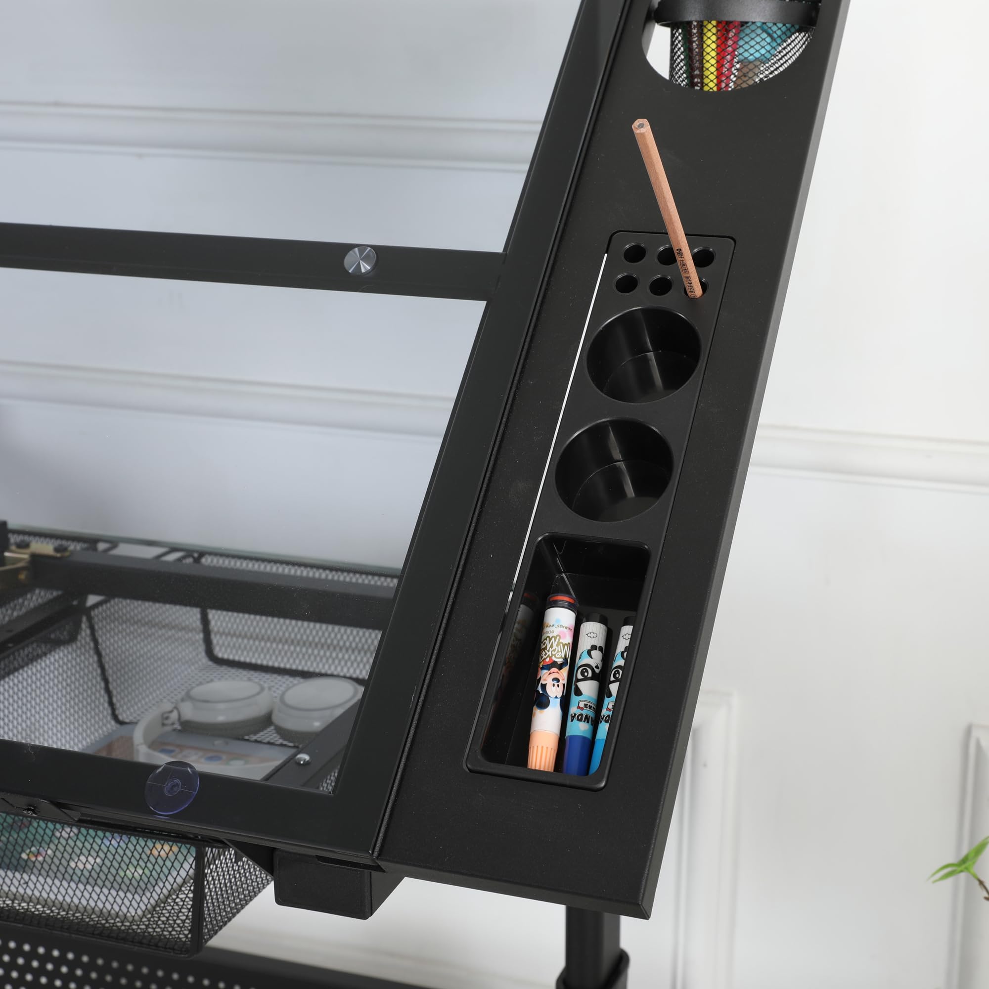 Adjustable Drafting Table with Hand Crank, 2 Storage Drawers & Stool - Black Tempered Glass Top, Metal Frame for Artists & Architects | Home Office, Studio & Classroom Use