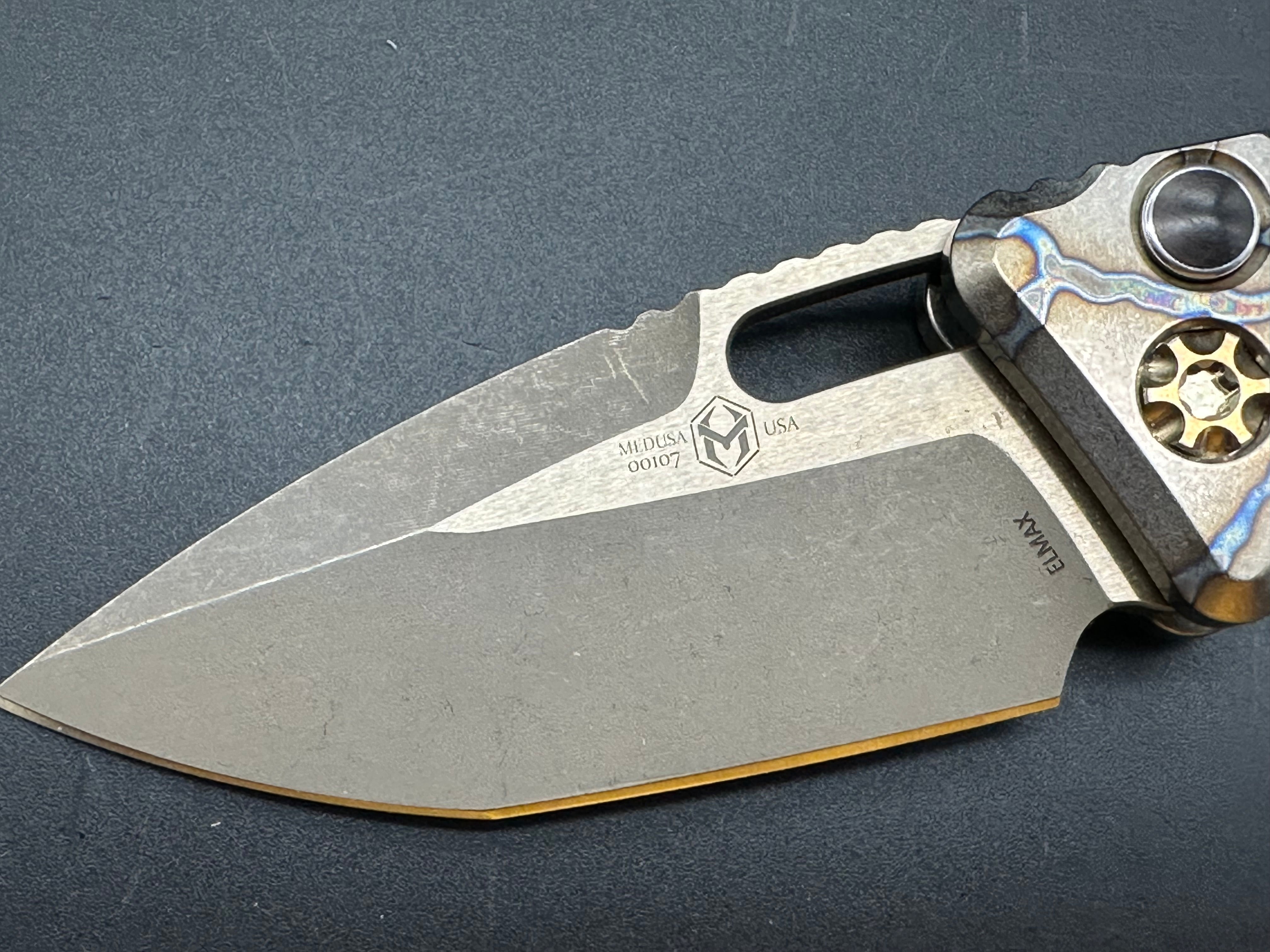 Heretic Medusa Battleworn Bronze Tanto Knife - Flamed Titanium Handle with 3 Bronze Accents | Tactical EDC, Outdoor Survival, and Collector's Item