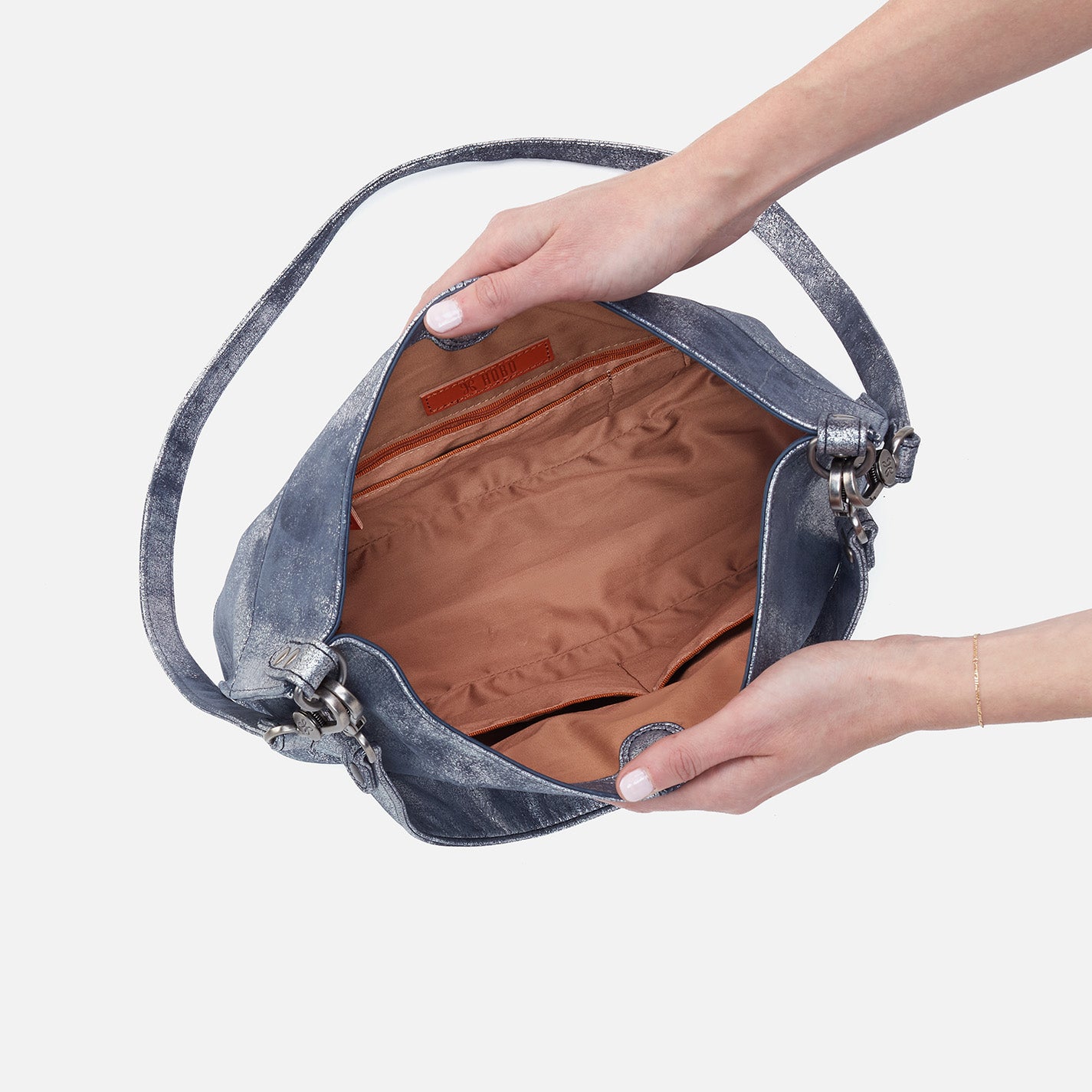 Stylish Metallic Leather Pier Shoulder Bag in Blue Pewter - Perfect for Work, Travel & Everyday Use