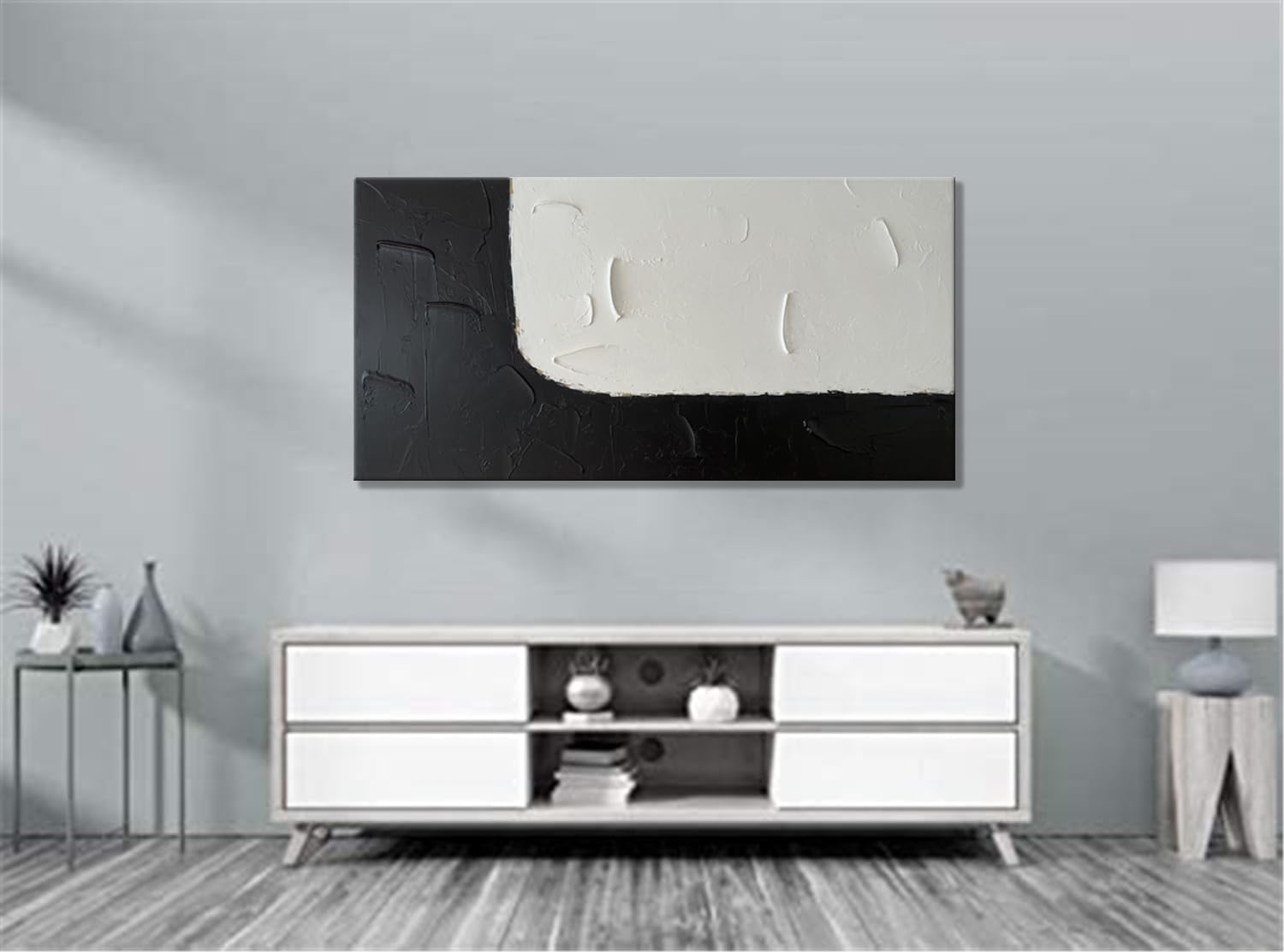 Zoinart Black and White Abstract Oil Painting - 48x24 Inches Modern Textured Canvas Wall Art, Contemporary Minimalist Home Decor for Living Room, Bedroom & Office