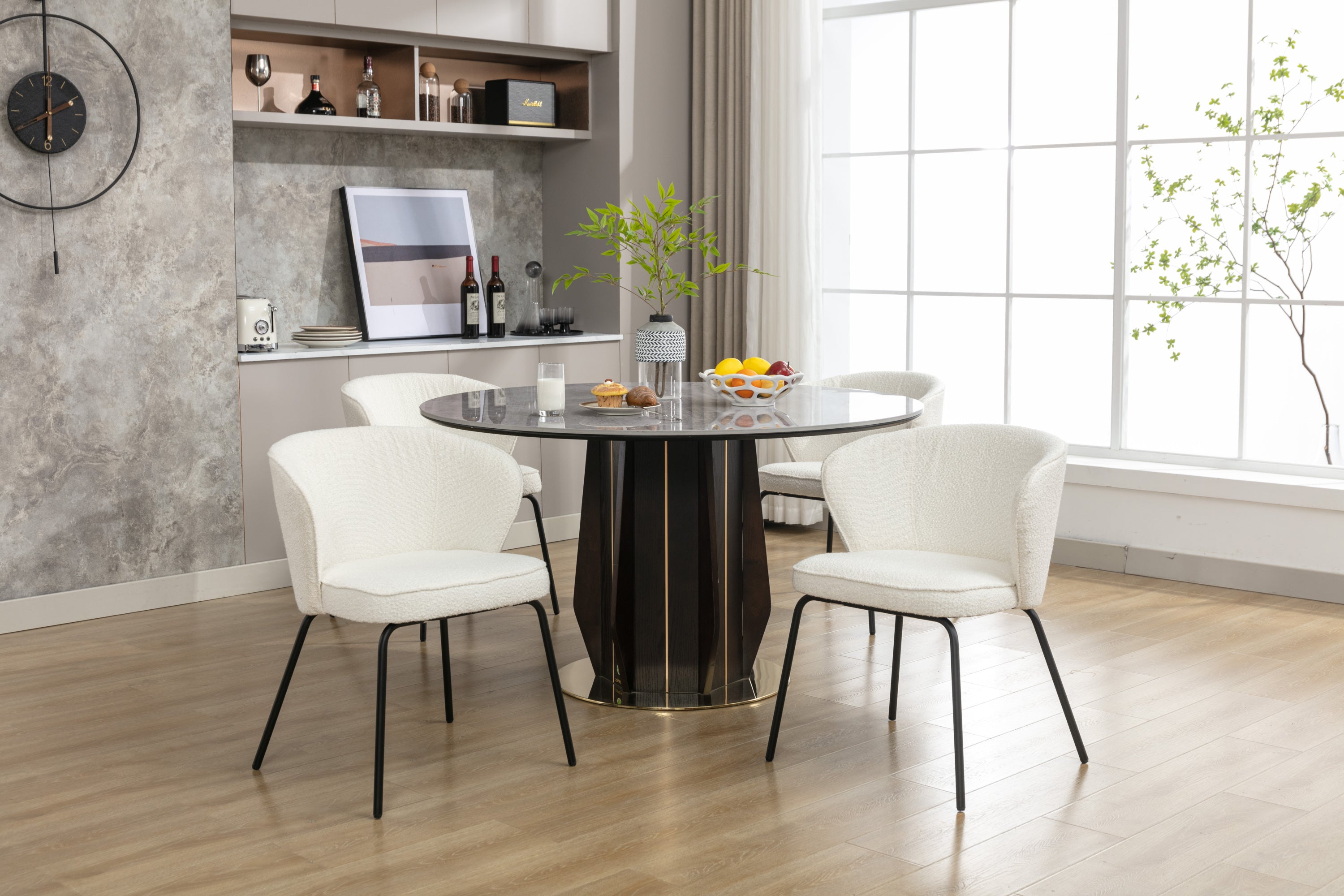 Set of 2 Modern Boucle Fabric Dining Chairs with Black Metal Legs in Ivory - Comfortable Upholstered Side Chairs for Kitchen, Dining Room, and Office Use