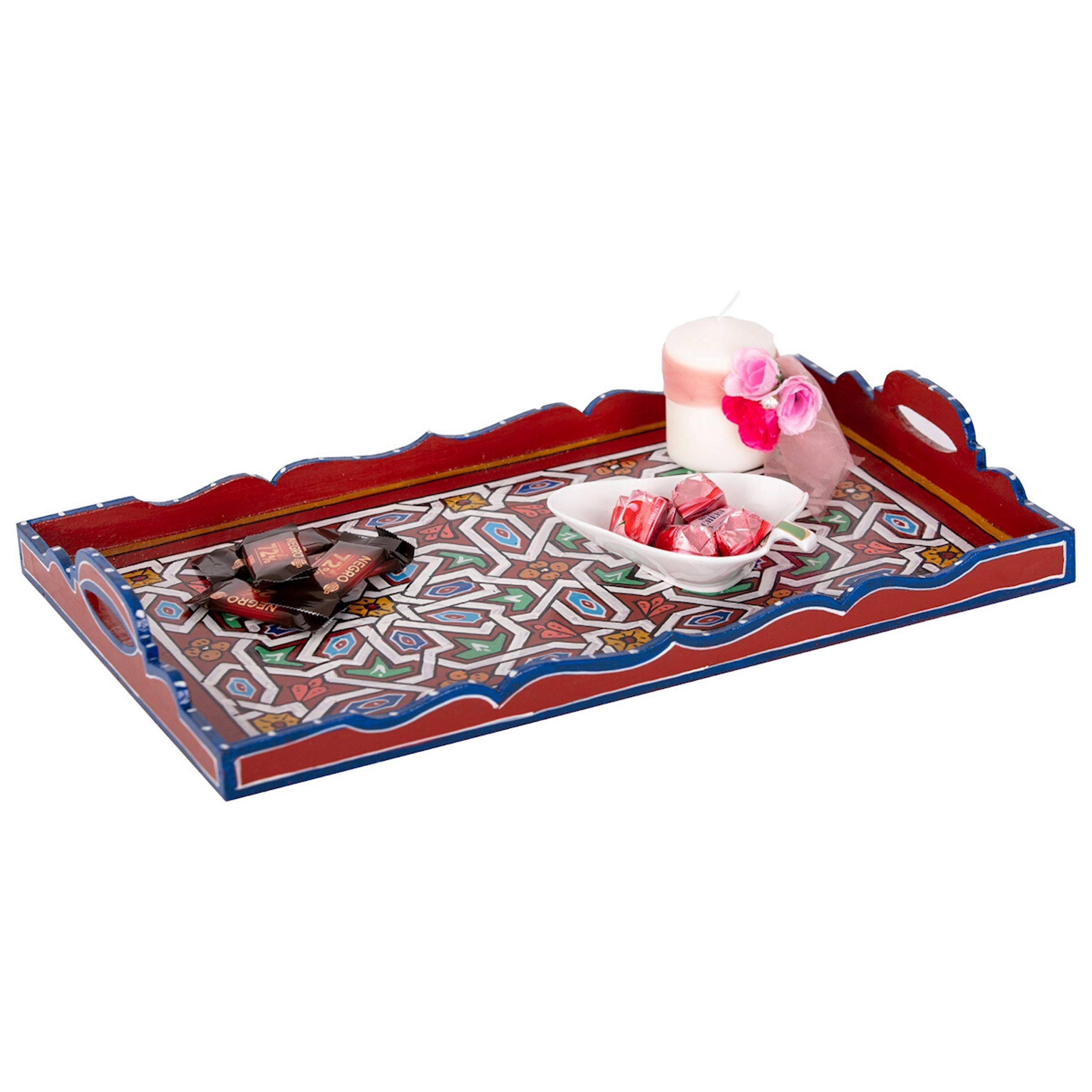 Hand Painted Moroccan Decorative Tray - White Bohemian Arabesque Serving Tray with Waterproof Acrylic Painting (Red Brick) | Perfect for Home Decor, Coffee Table Centerpiece & Gift Giving