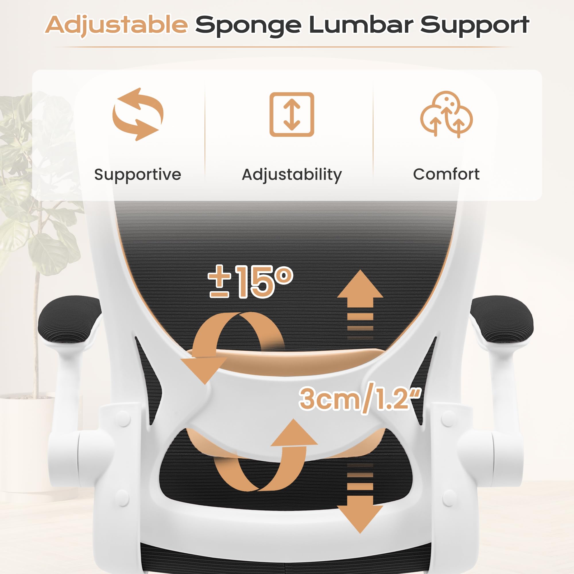 KERDOM Ergonomic Office Chair - Breathable Mesh Computer Desk Chair with Lumbar Support, Wheels & Flip-Up Arms - Adjustable Height Swivel Task Chair for Home Office & Gaming (White) - Perfect for Long Work Sessions, Online Classes & PC Gaming