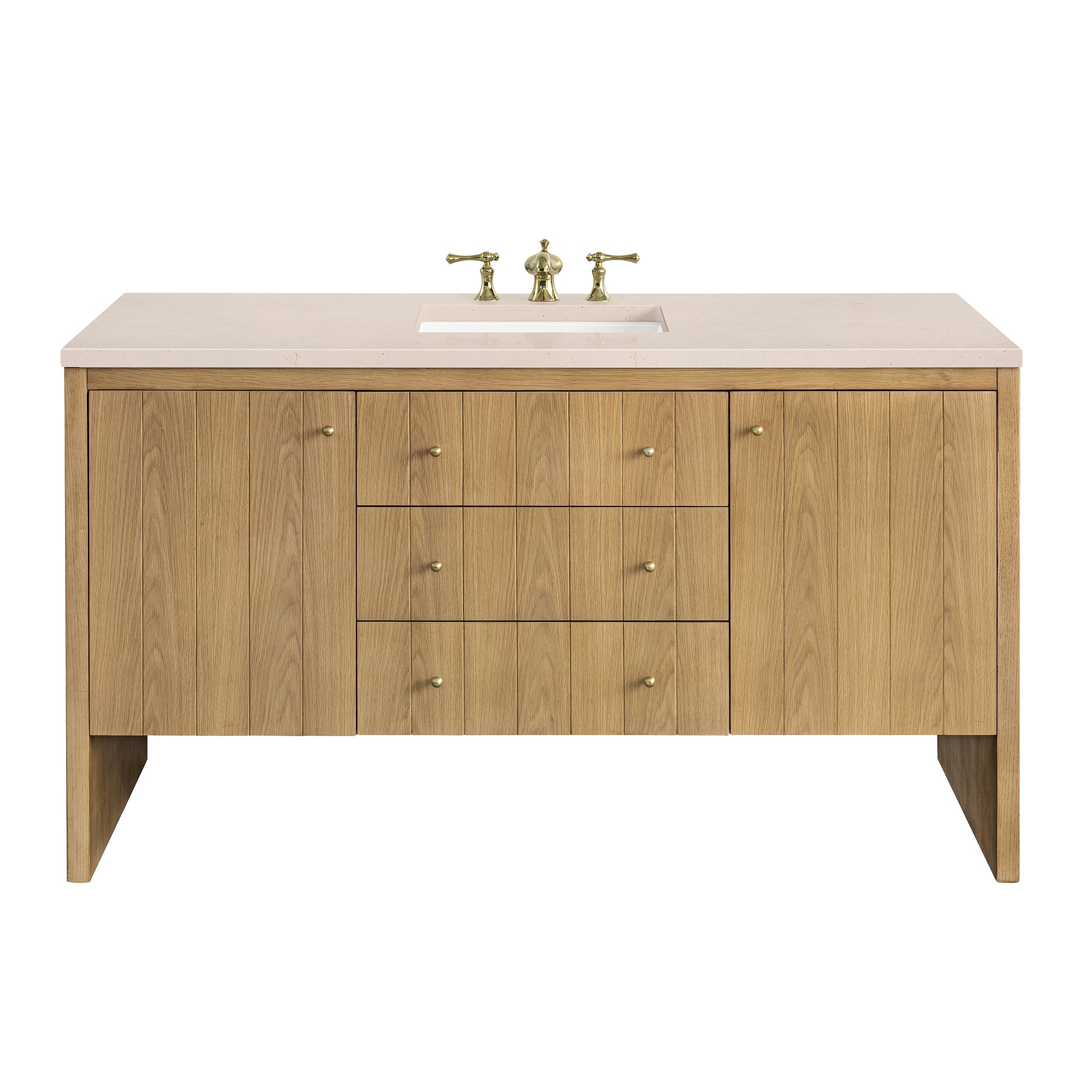 Hudson 60 Inch Single Bathroom Vanity in Light Natural Oak with 3CM Eternal Marfil Stone Top - Perfect for Modern Master Bathrooms & Powder Rooms