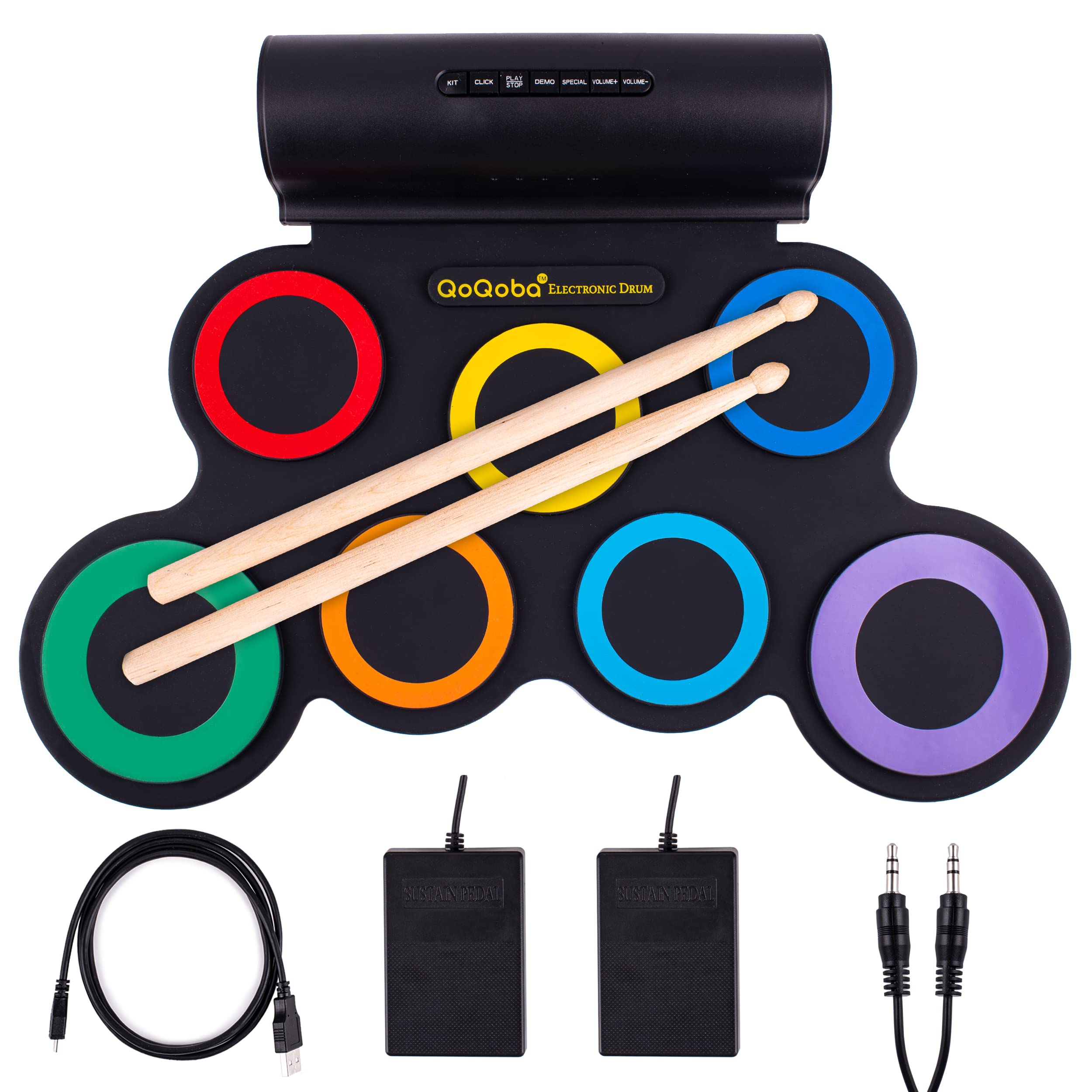 QoQoba Electronic Drum Set for Kids & Adults - Beginner to Pro MIDI Drum Practice Pad Kit with Headphone Jack, Drum Sticks - Perfect Holiday & Birthday Gift for Kids (Rainbow) | Ideal for Home Practice, Music Lessons & Stage Performances