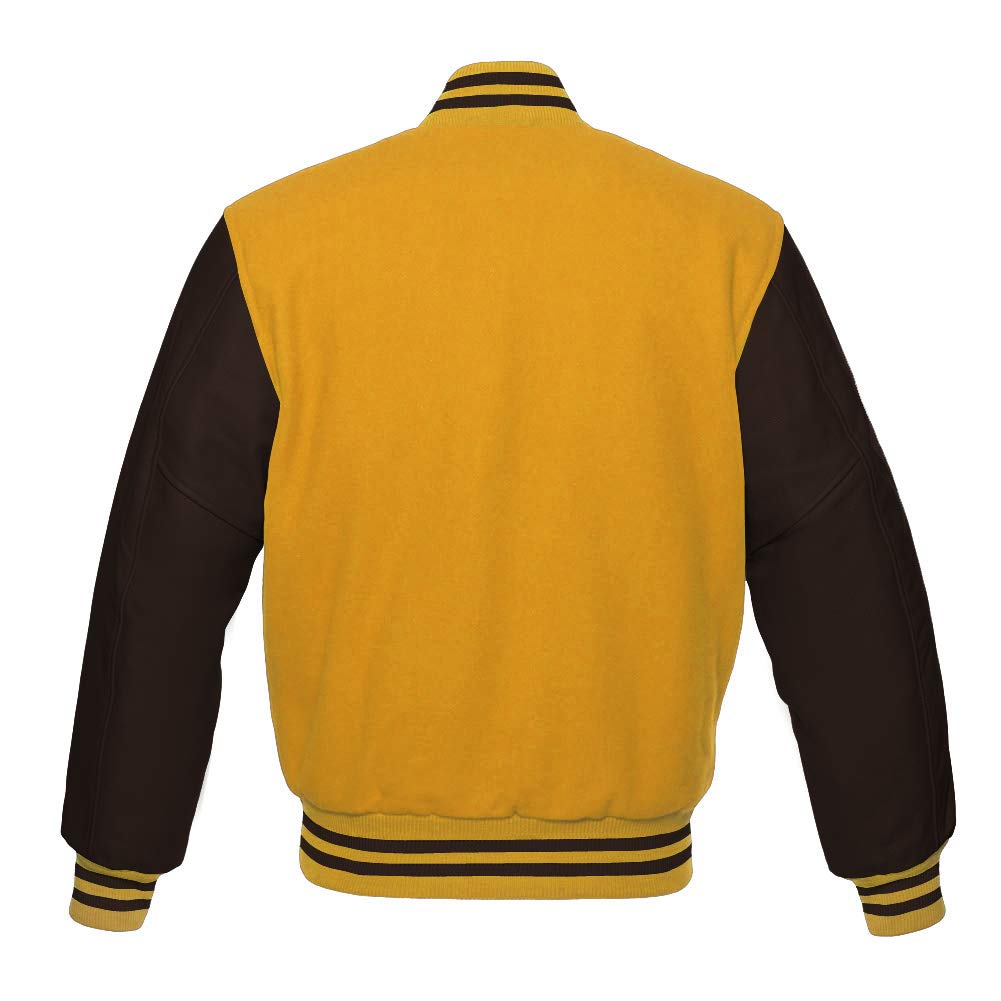 Varsity Jacket for Men - Baseball Letterman Bomber Jacket with Yellow Wool Body & Genuine Brown Leather Sleeves | High School & College Style | Perfect for Sports, Casual Wear & Street Fashion