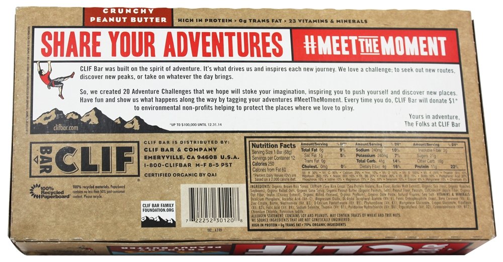 Clif Bar Energy Bar - Crunchy Peanut Butter (2.4oz, 12 Pack) | High Protein Snack for Hiking, Camping & Workouts | Gluten-Free & Organic Nutrition