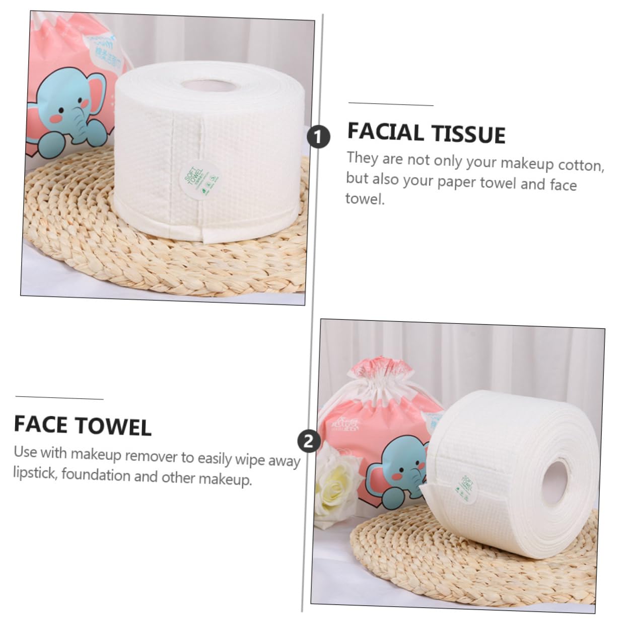 **Soft Cotton Facial Tissues - 2 Rolls of Gentle Makeup Remover Wipes | Reusable & Eco-Friendly Face Towels for Makeup Removal, Cleansing & Skincare | Perfect for Travel, Gym & Daily Beauty Routine**