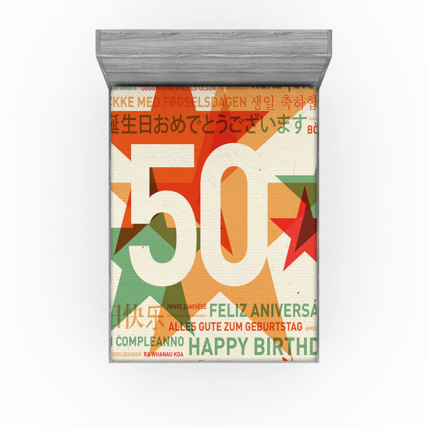 Ambesonne 50th Birthday Fitted Sheet - Multilingual Happy Birthday Retro Design with Stars Print, Deep Pocket Elastic Queen Size Bed Cover in Green Red Orange - Perfect for Birthday Parties, Room Decor & Photo Backdrops