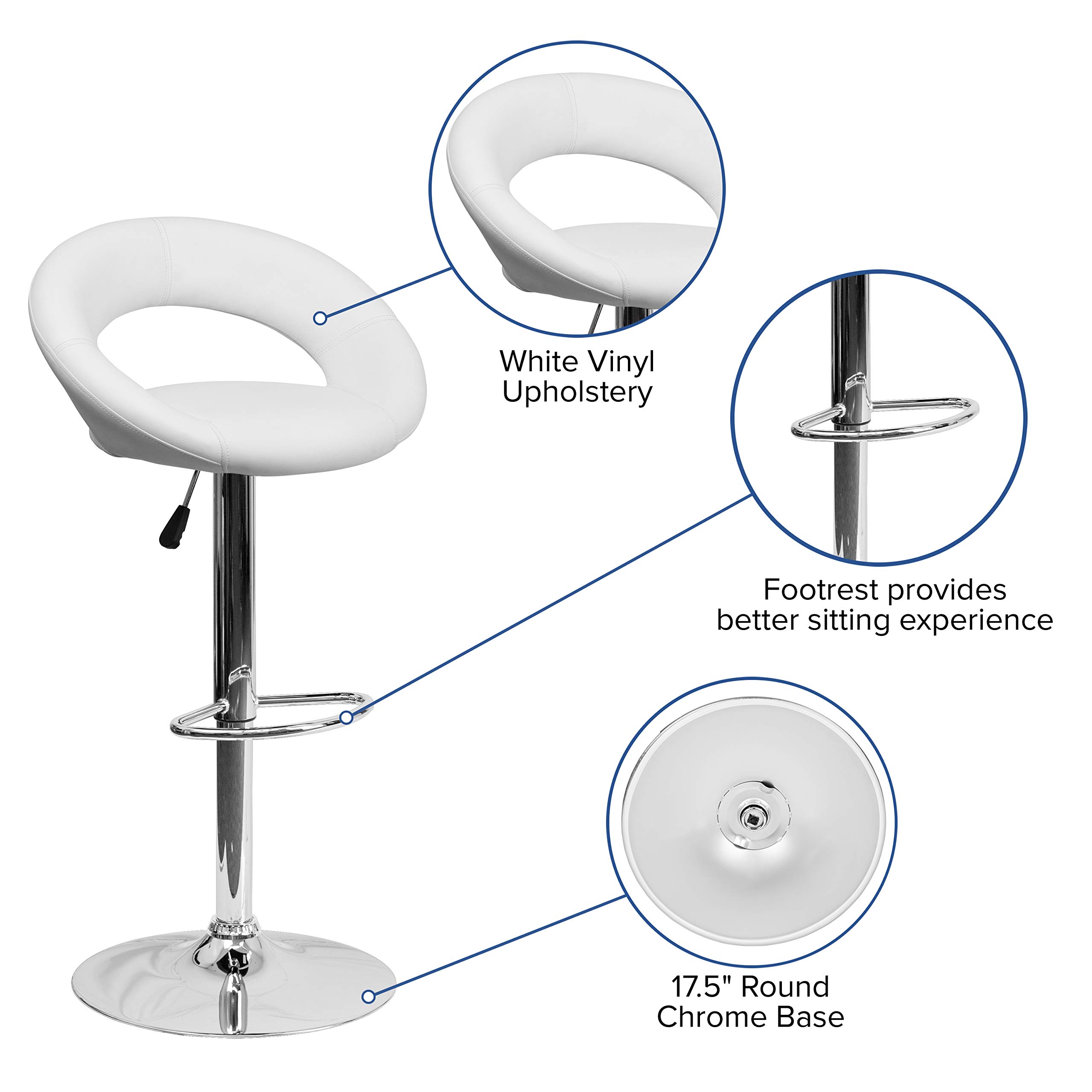 Flash Furniture Anthony 2-Pack White Vinyl Adjustable Height Bar Stools with Chrome Base - Modern Orbit-Style Back Design for Kitchen Island, Breakfast Bar & Home Decor