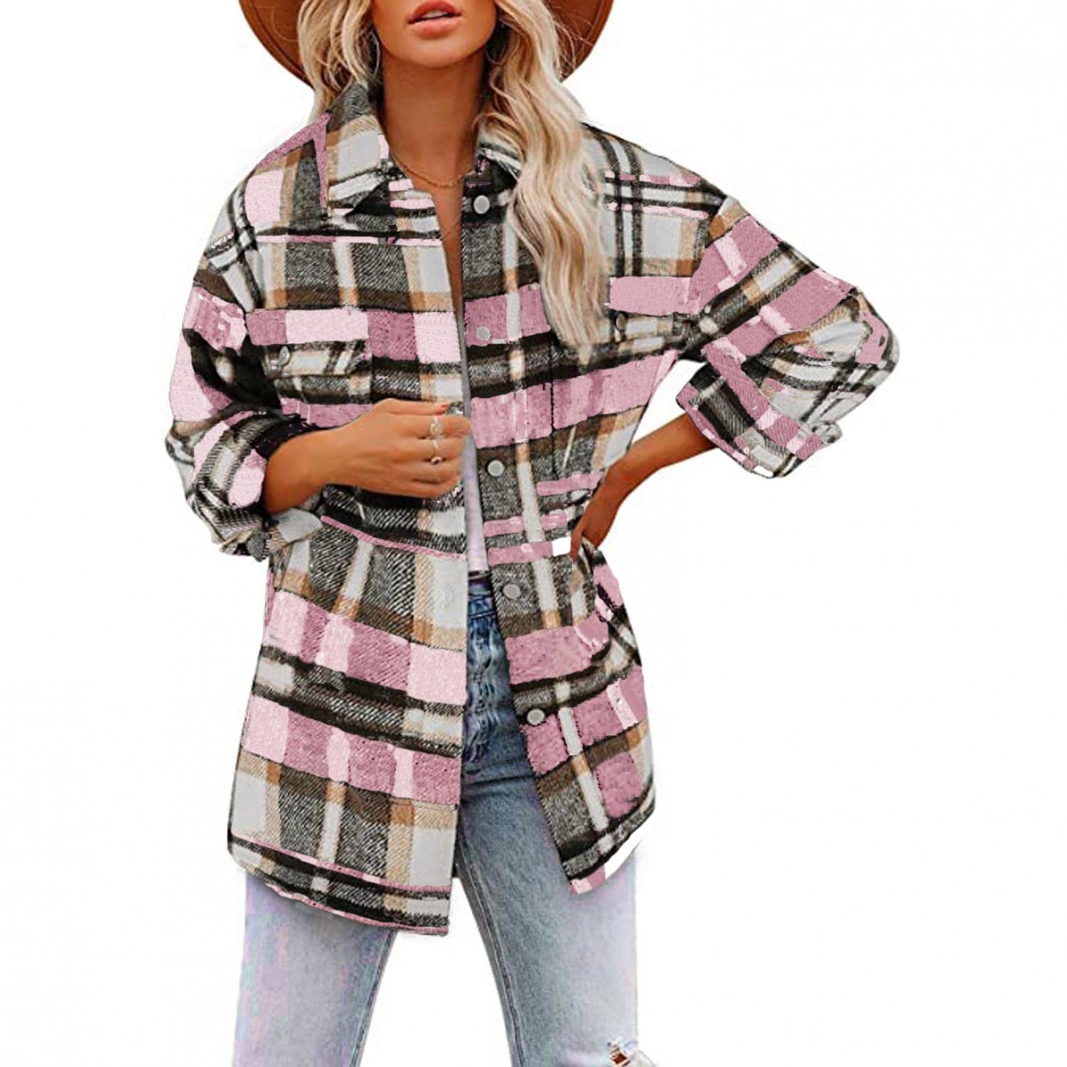 Trendy Women's Long Sleeve Flannel Plaid Shirt Jacket with Button Down & Chest Pocket - Cozy Shacket for Fall Layering, Outdoor Adventures & Casual Office Wear