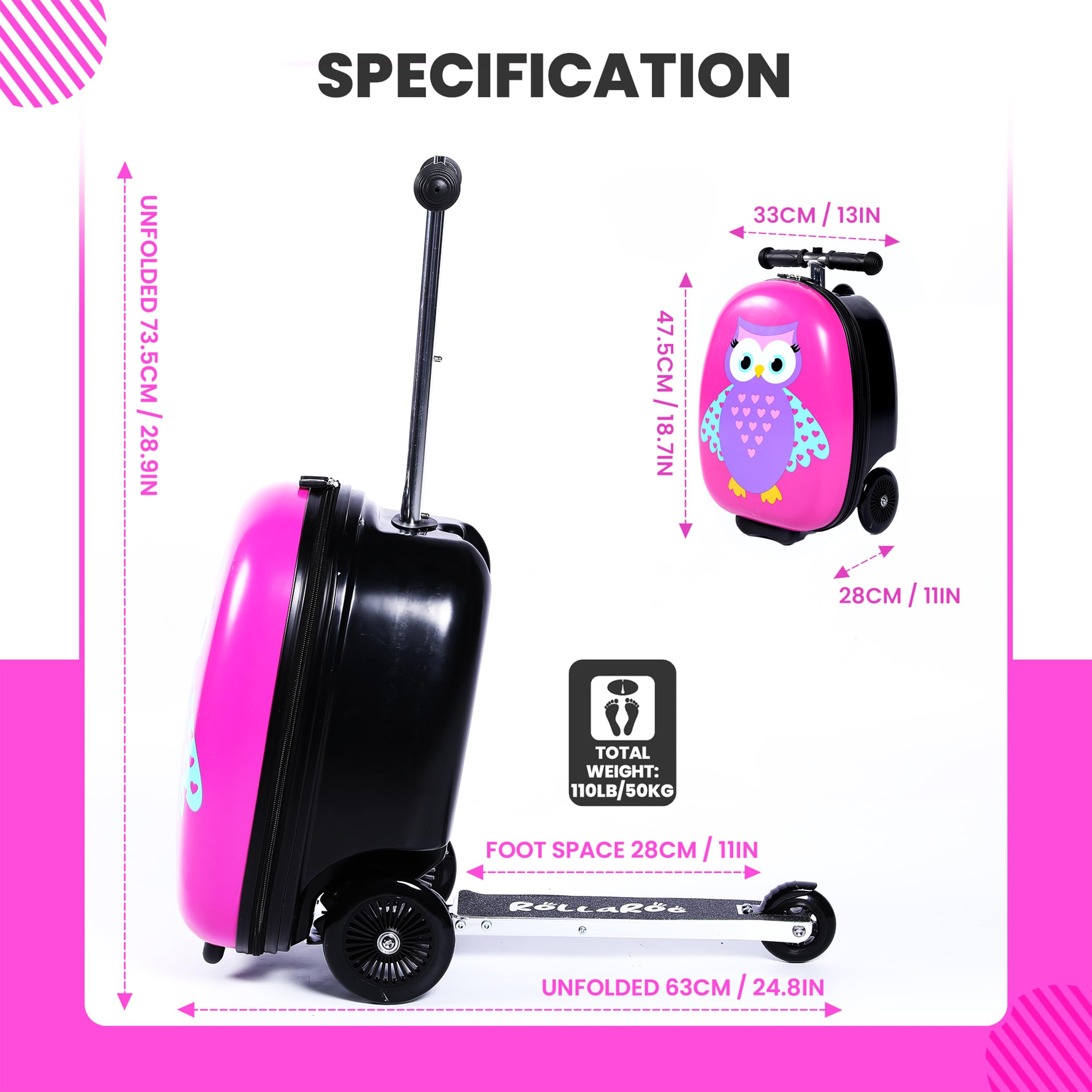 **Owl Kids Scooter Suitcase - Foldable Ride-On Luggage with Wheels for Travel - Durable 110LB Capacity Carry-On with Easy-Grip Handle & Secure Locks - Perfect for Airports, Vacations & Kids' Adventures**