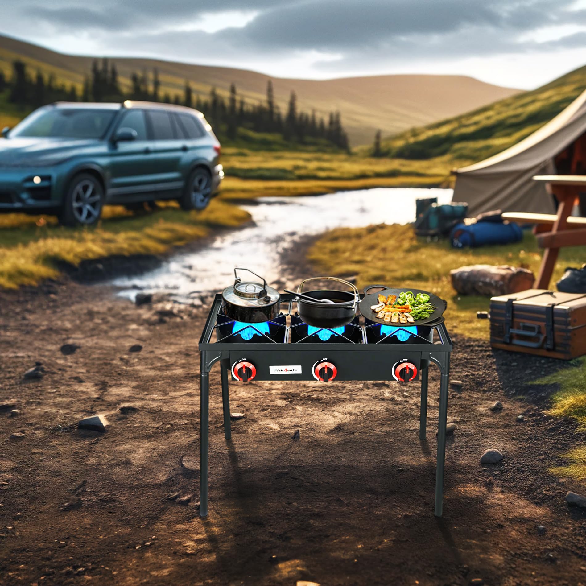 Vivicreate 3 Burner High Pressure Propane Stove - 28 Inch Tall Camping Stove with Cast Iron Burner, 105000 BTU Powerful Outdoor Gas Stove - Stable Legs for Camping, Backpacking, Picnics & Tailgating