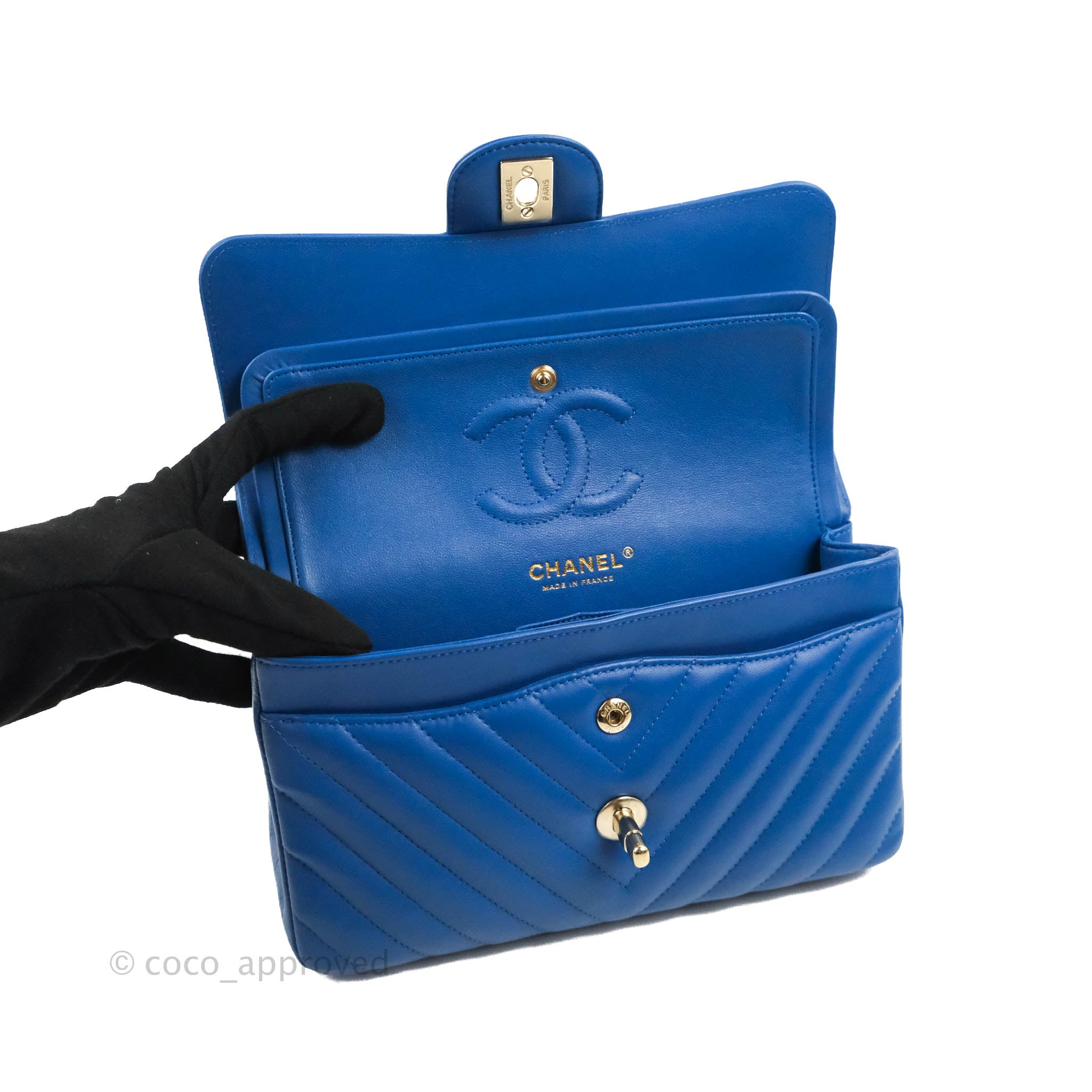 Chanel Classic Chevron Small Double Flap Bag in Blue Lambskin Leather with Gold Hardware - Luxury Crossbody Purse for Women, Perfect for Evening Events & Date Nights