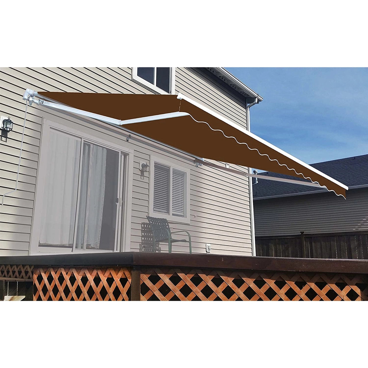 Aleko 12x10 Feet Motorized Retractable Patio Awning with White Frame - Brown Outdoor Sun Shade for Deck, Garden, and Backyard Relaxation