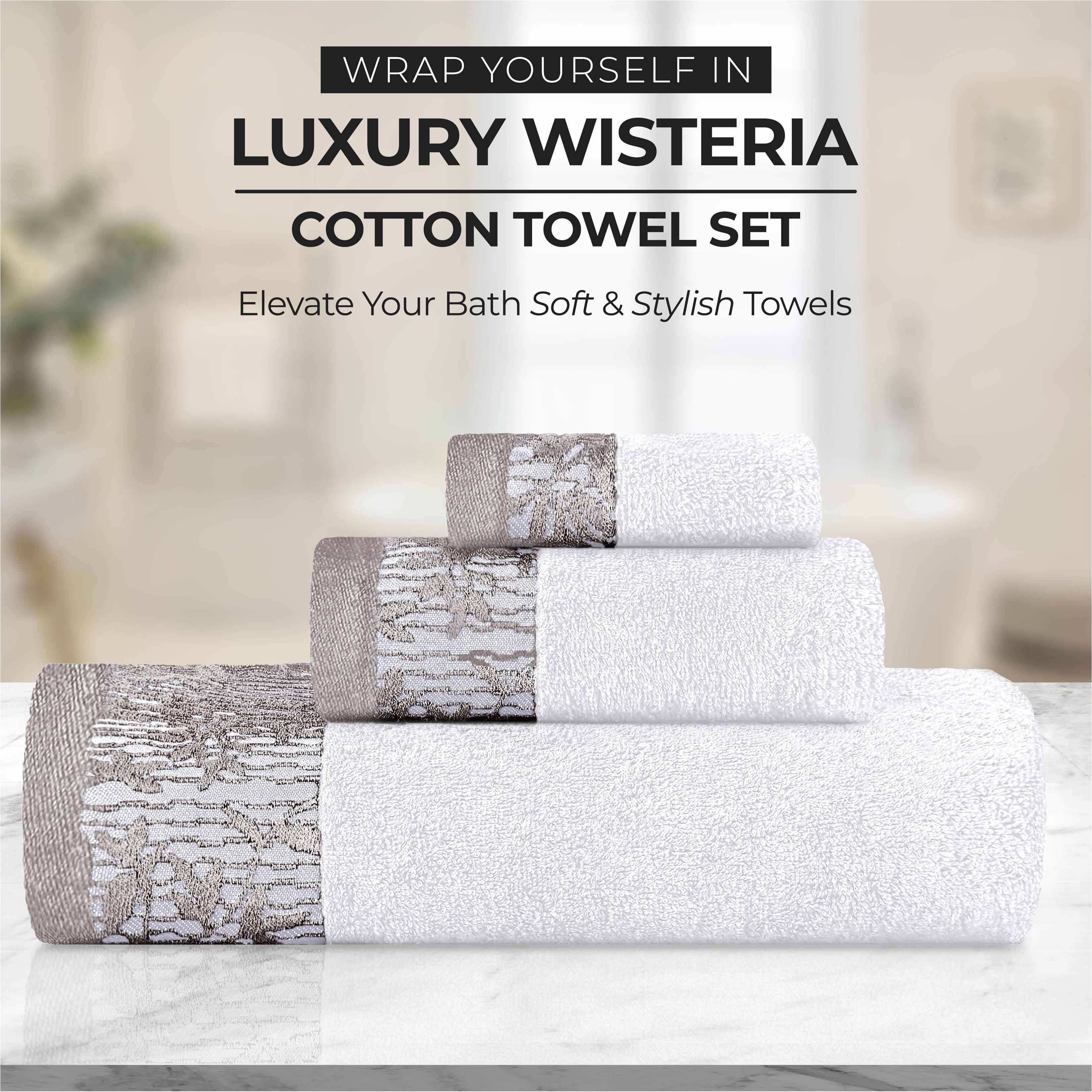 Premium Wisteria Cotton Floral Embroidered Jacquard Border Bath Towel Set of 2 - Soft Absorbent Luxury Towels for Spa, Bathroom & Guest Use
