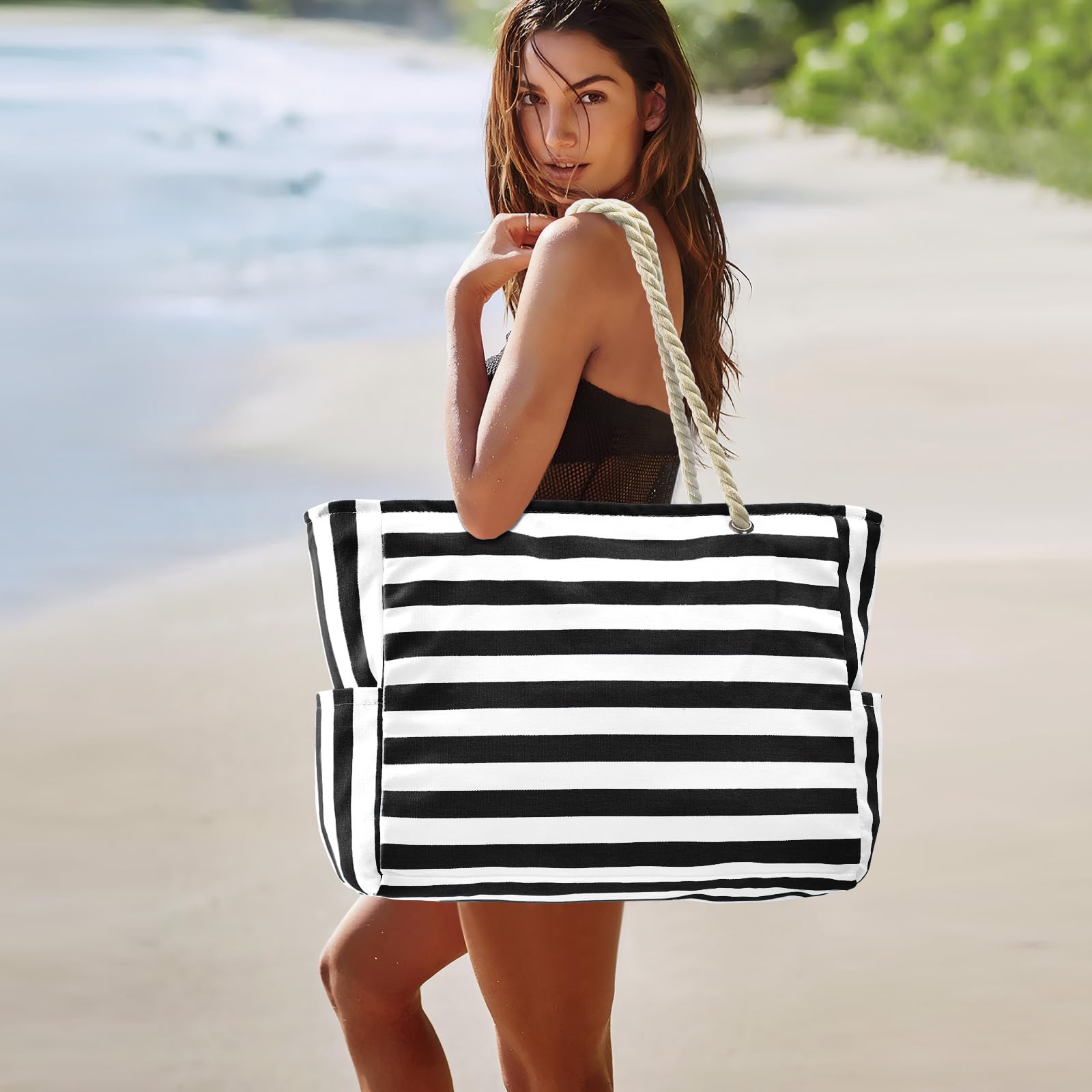 Becokan Large Waterproof Canvas Beach Tote Bag for Women - Swim Pool Bag with Zipper, Travel Essentials for Vacation, Summer Outings & Beach Trips