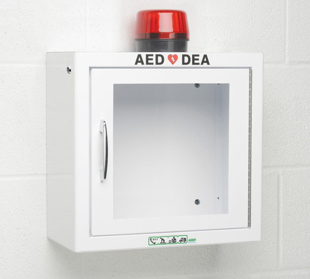 Surface AED Cabinet with Alarm - 34.3 x 33 x 12.7 cm - Wall-Mounted Emergency Defibrillator Storage for Offices, Schools & Public Spaces