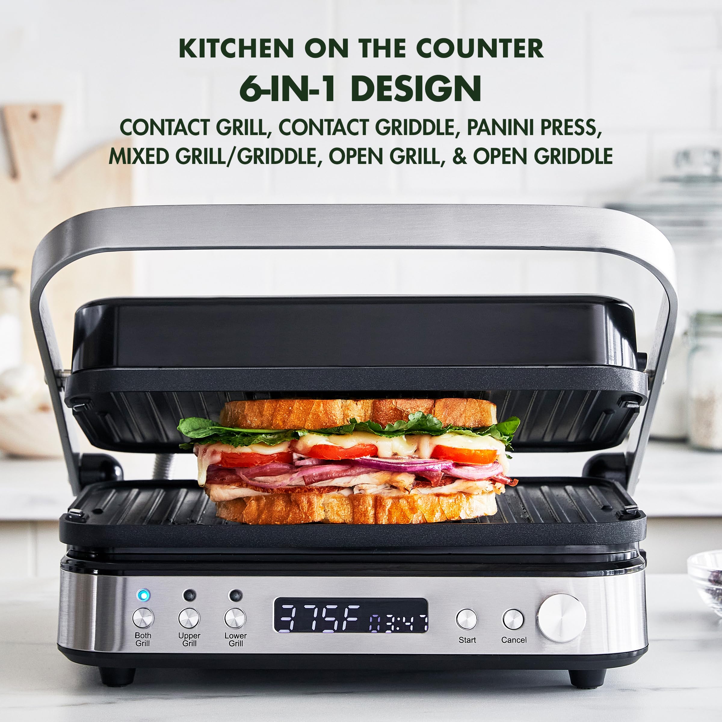 GreenPan Electric Indoor Stainless Steel 6-in-1 Contact Grill & Griddle - Healthy Ceramic Nonstick Coating, Dishwasher Safe Reversible Plates, PFAS-Free - Perfect for Panini Press, Sandwiches, Burgers & Breakfast Cooking - Dual Temperature Control for Gourmet Results