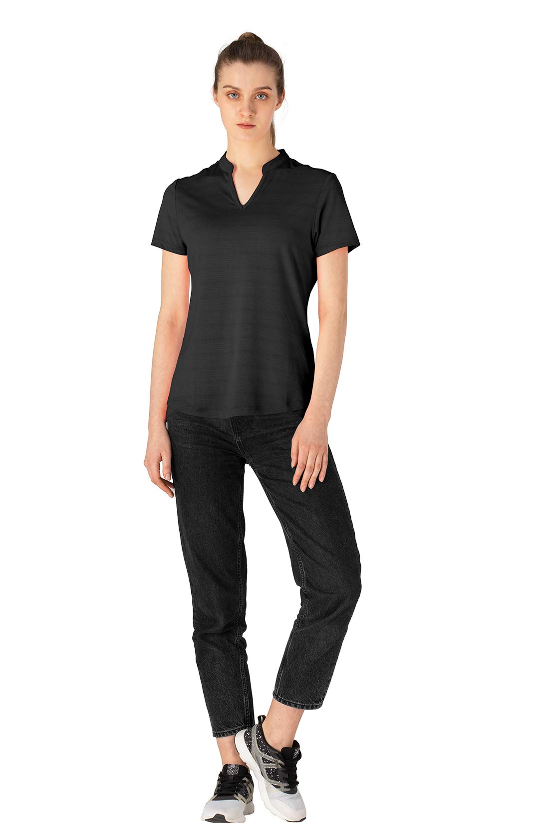 YSENTO Women's Dry Fit Golf Polo Shirts - Breathable Moisture Wicking Short Sleeve V Neck Collarless Athletic Shirts for Golf, Tennis & Casual Wear