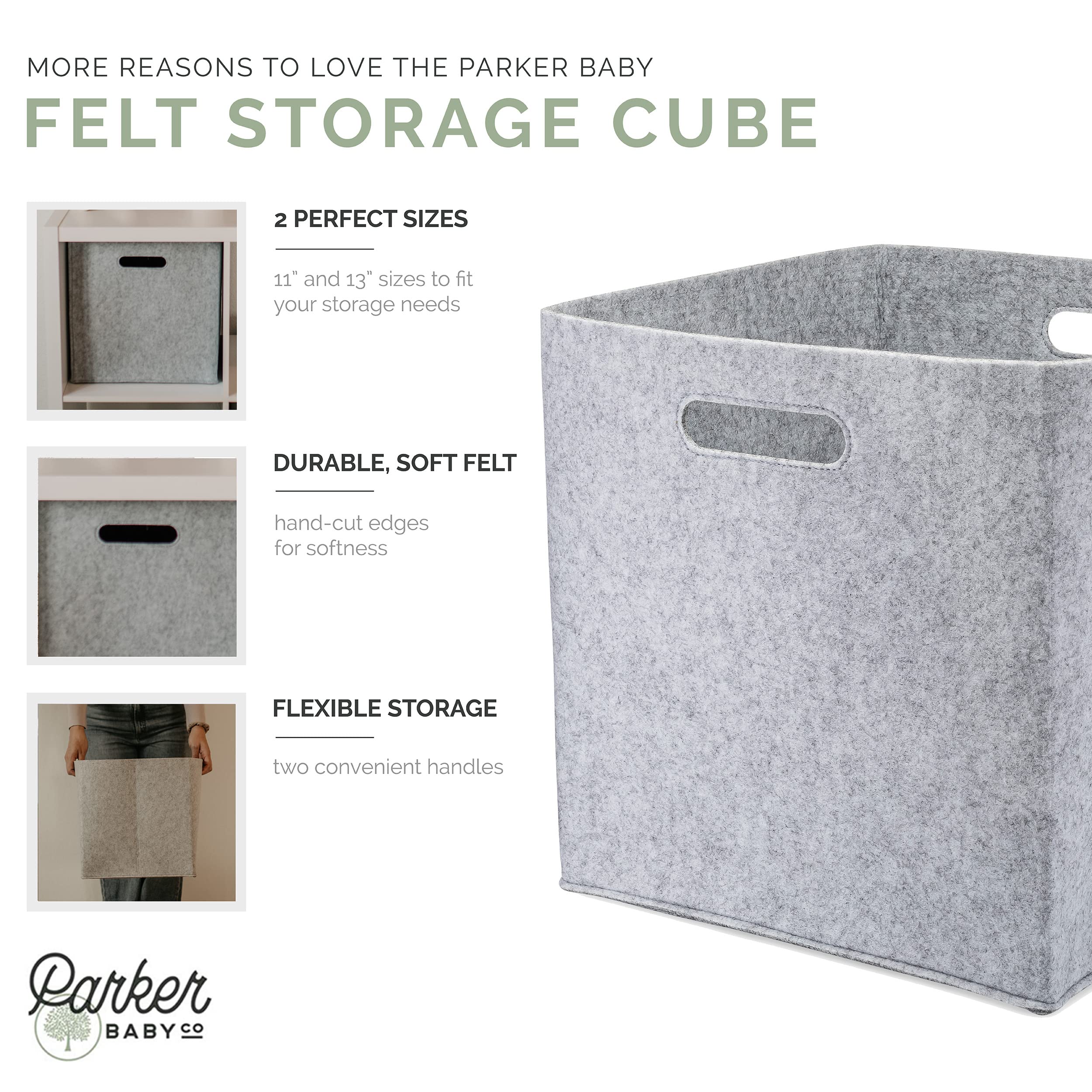 Parker Baby Felt Foldable Storage Cube Bin - 13 Inch Nursery Organizer for Clothes, Toys & Baby Essentials | Gray Storage Baskets for Nursery, Playroom & Closet Organization | Foldable Fabric Toy Bin with Handles