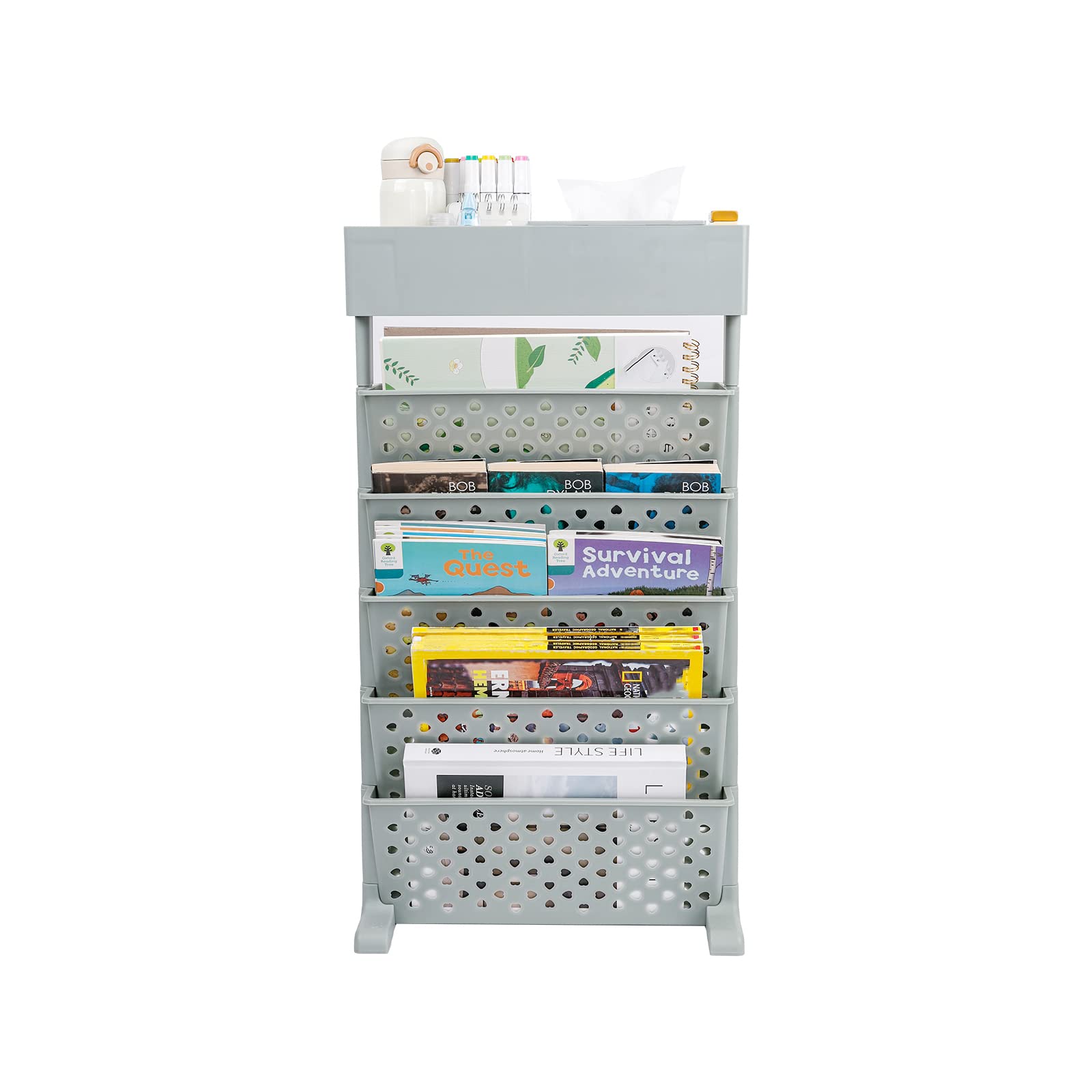 Yesesion 5-Tier Multifunctional File Organizer with Pencil Holder - Desktop Document Paper Tray, Letter Sorter, Magazine Storage Shelf for Office, School, Classroom & Home Organization (Green)