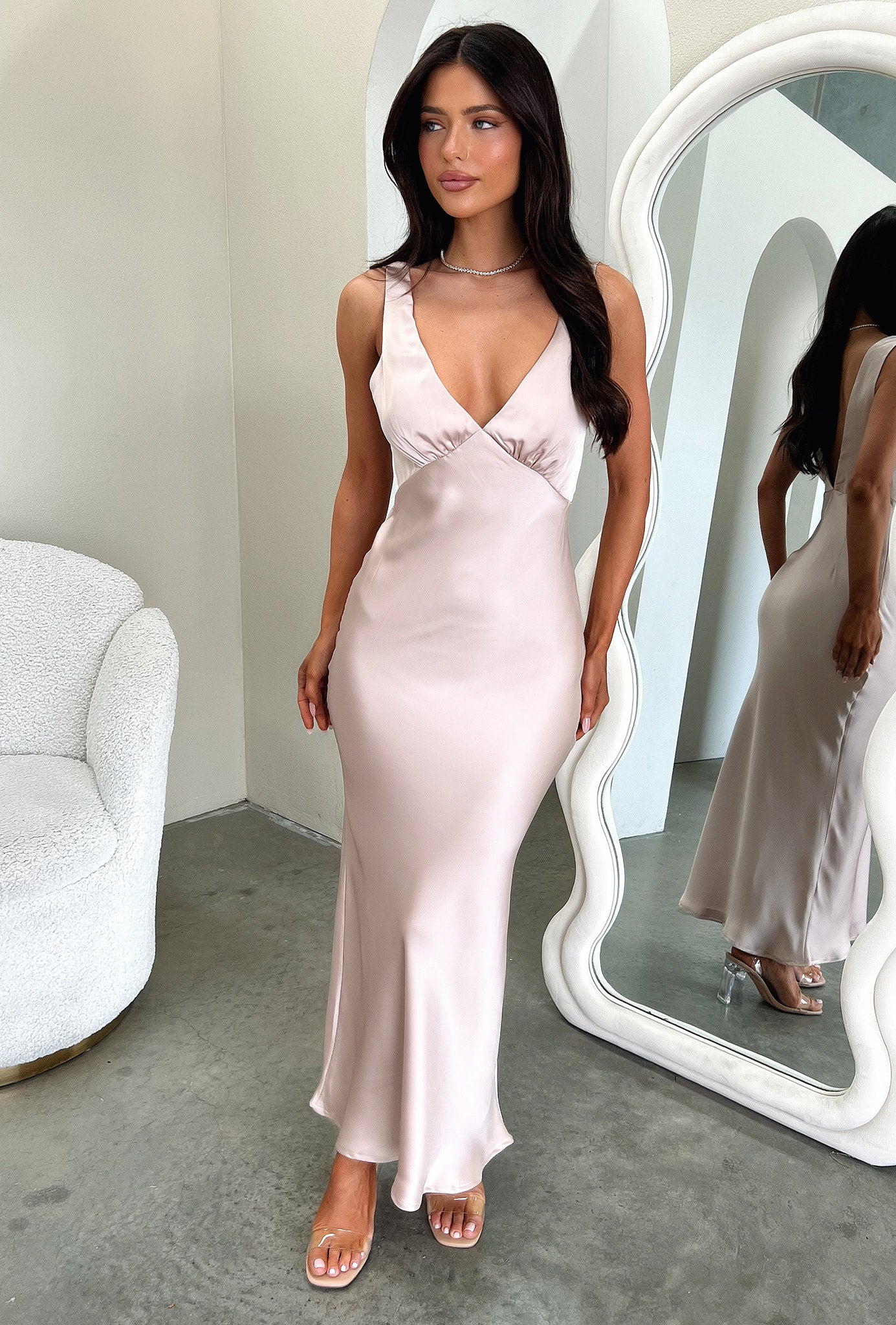 Delayne V Neck Satin Midi Dress in Champagne | Elegant Evening Gown for Cocktail Parties, Weddings & Formal Events