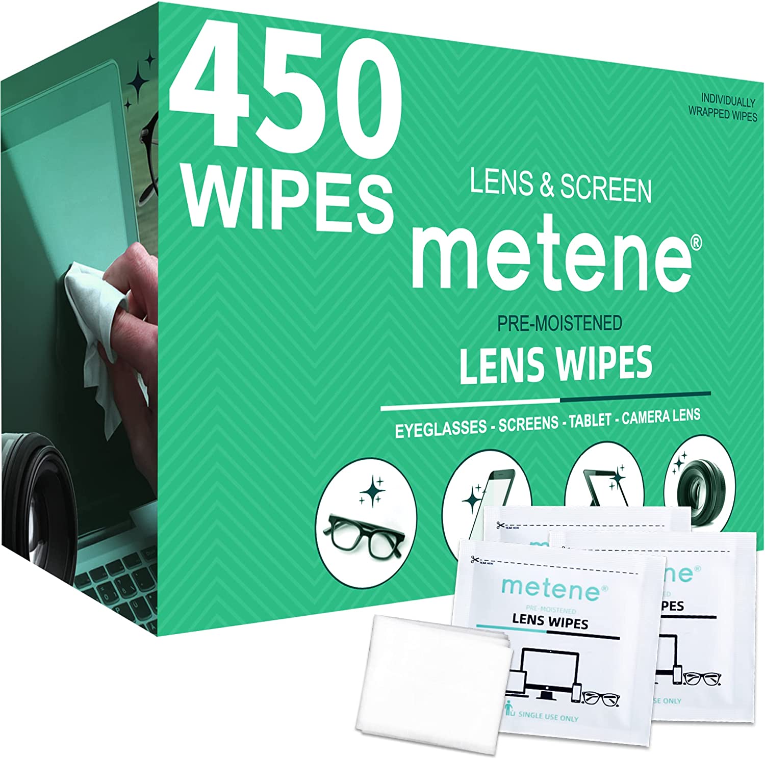 Metene Lens Cleaning Wipes - 450 Count Pre-Moistened Disposable Wipes for Eyeglasses, Sunglasses, Camera Lenses & Electronics Screens - Safe for Glasses, Phones, Tablets & More
