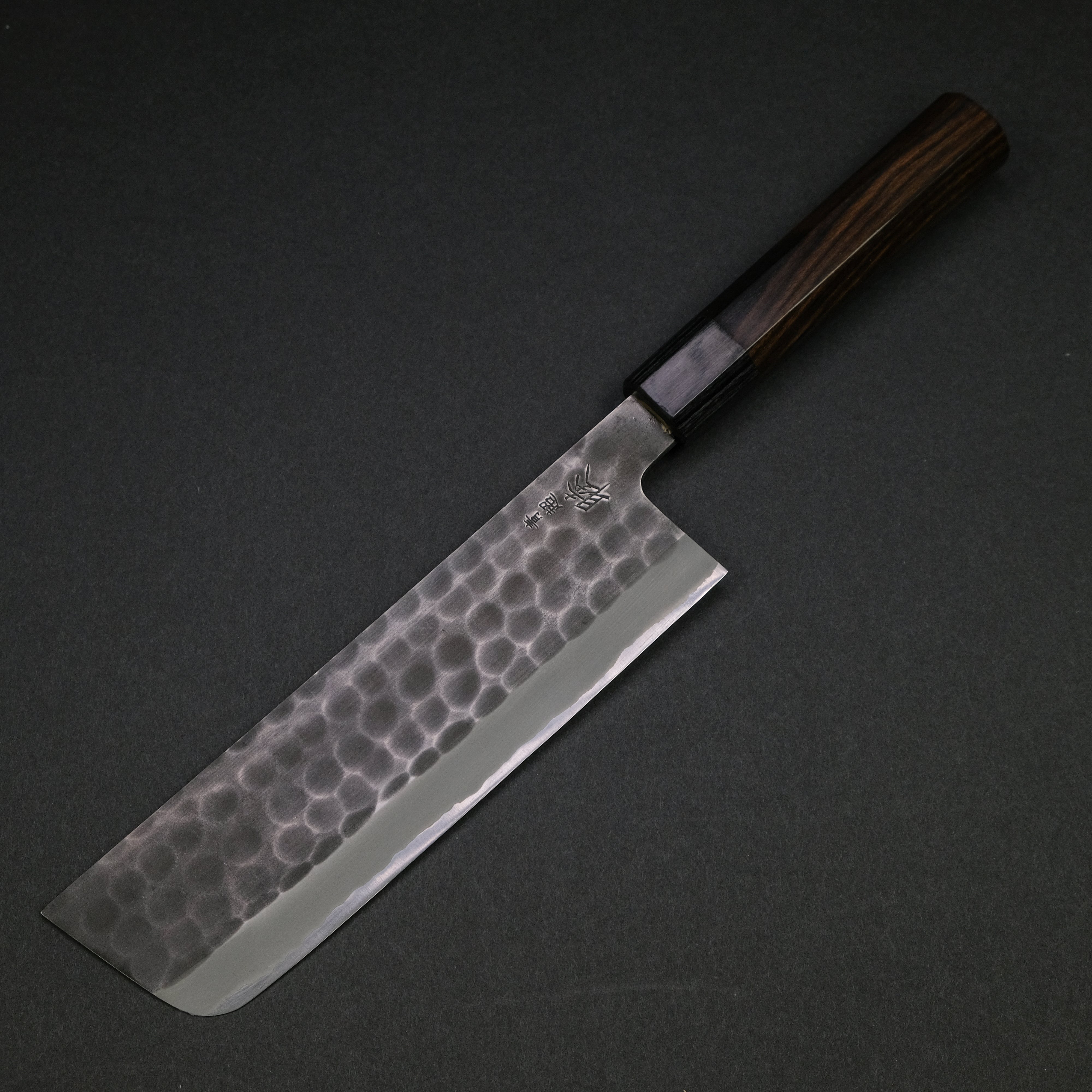 Mutsumi Blue Super Kurouchi Tsuchime Nakiri Knife 180mm with Ebony Handle - Japanese Chef Knife for Vegetable Chopping & Slicing