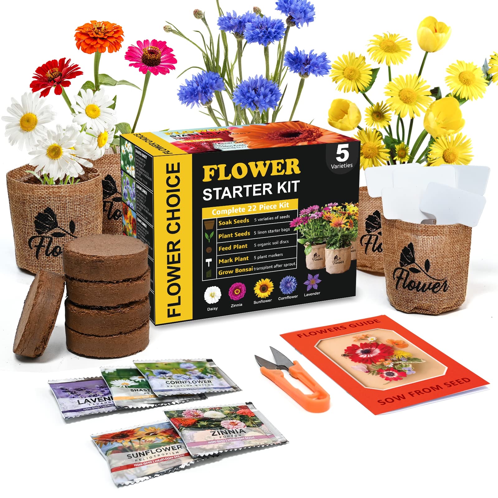 **Indoor Daisy Garden Starter Kit with Gardening Tools - Includes Jute Bags, Markers, Soil Disks & Shears - Perfect Home Gardening Gift for Women, Men & Plant Lovers - Ideal for Indoor Planting, DIY Home Decor & Relaxing Gardening Activities**