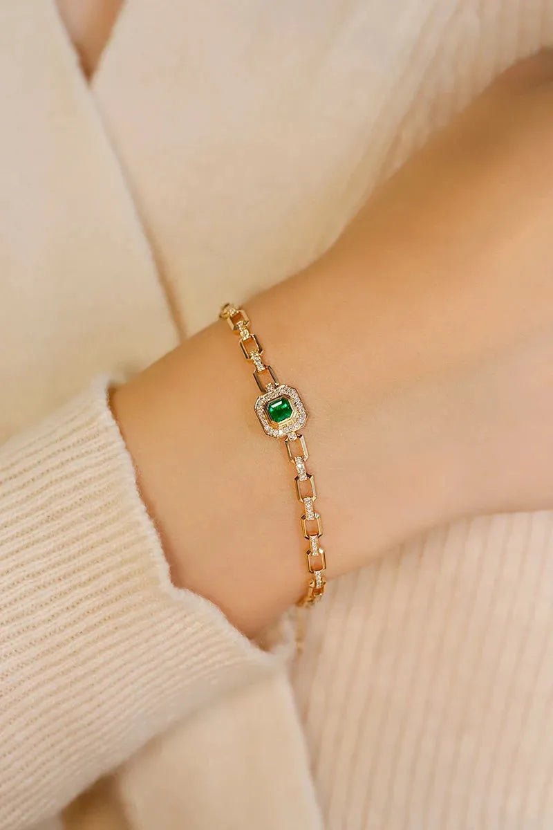 18K Yellow Gold Emerald and Diamond Bracelet for Women - Luxury Elegant Real Natural Gemstone Jewelry - Perfect for Wedding, Party, Anniversary and Special Occasions