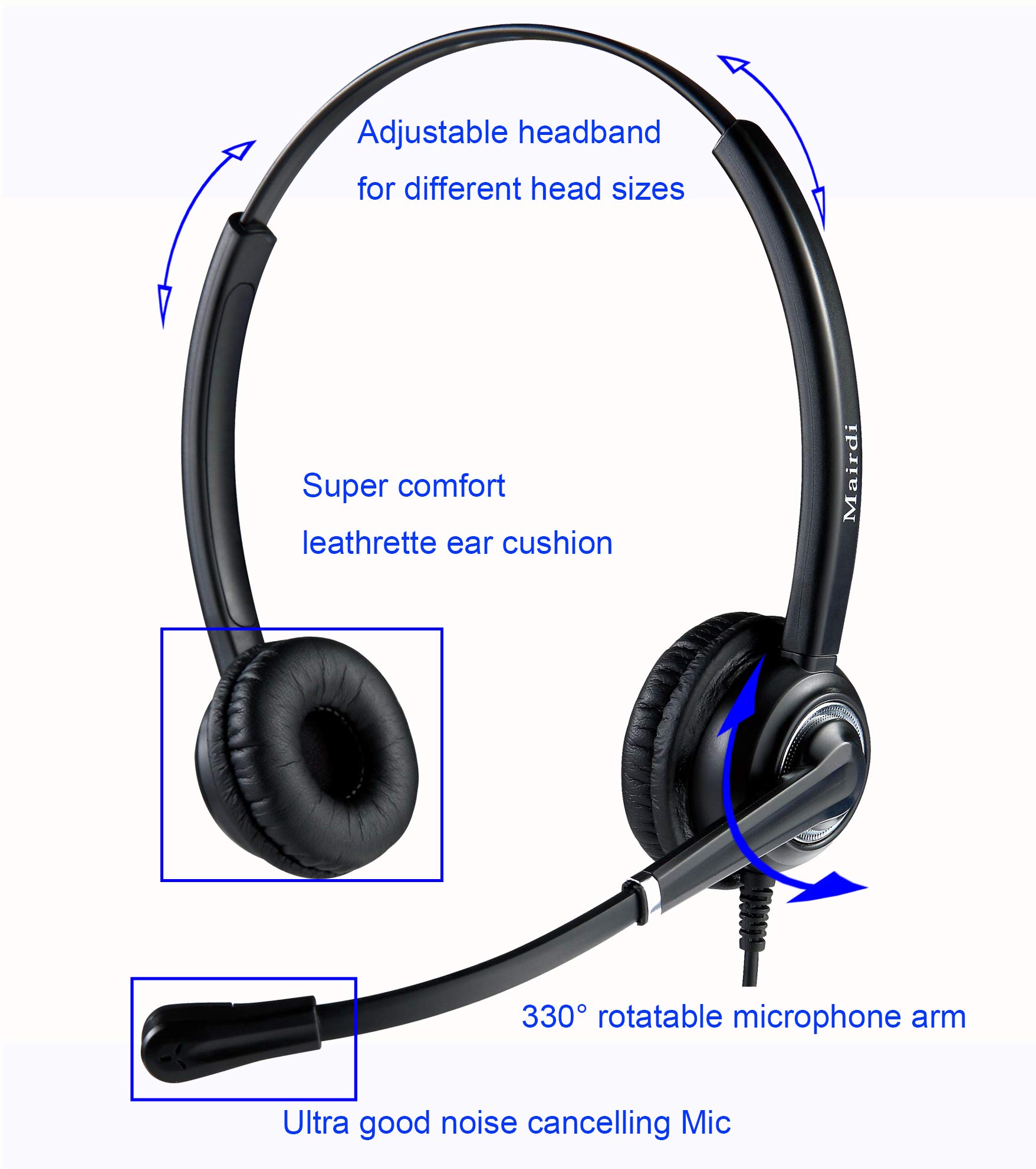 MAIRDI Noise Canceling Telephone Headset with RJ9 Jack & 3.5mm Connector - Compatible with Landline Phones, Cell Phones, PCs & Laptops - Ideal for Call Centers, Office Work & Remote Communication