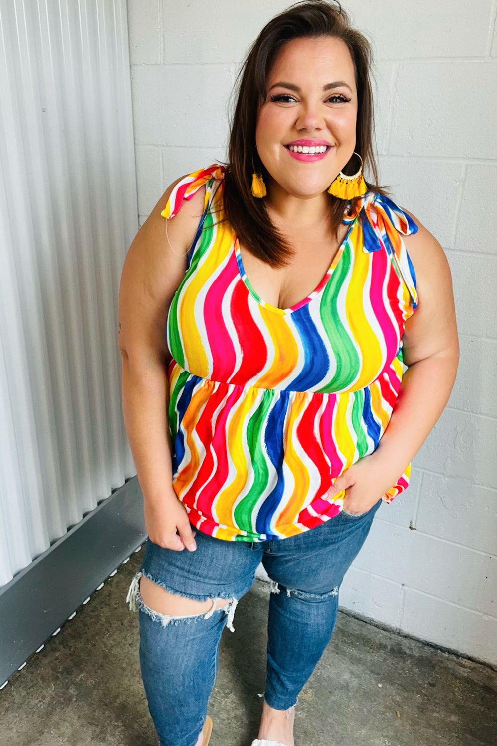 Trendy Multicolor Wavy Stripe Shoulder Tie Detail Blouse - Perfect for Summer Outfits, Beach Vacations & Casual Date Nights