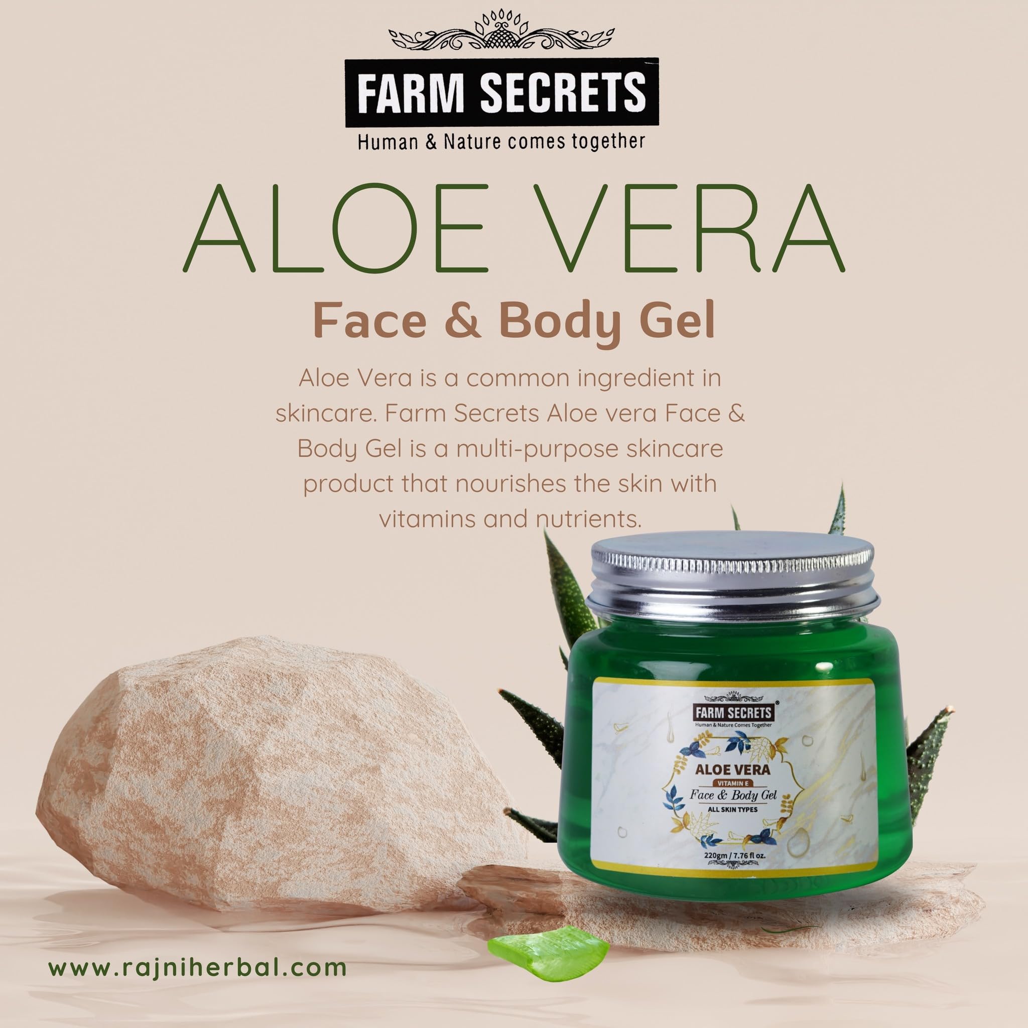 Farm Secrets Aloe Vera Face and Body Gel – 220g | Hydrating & Soothing Moisturizer for Dry Skin, Sunburn Relief, After Shave Care | Perfect for Daily Skincare & Post-Sun Exposure