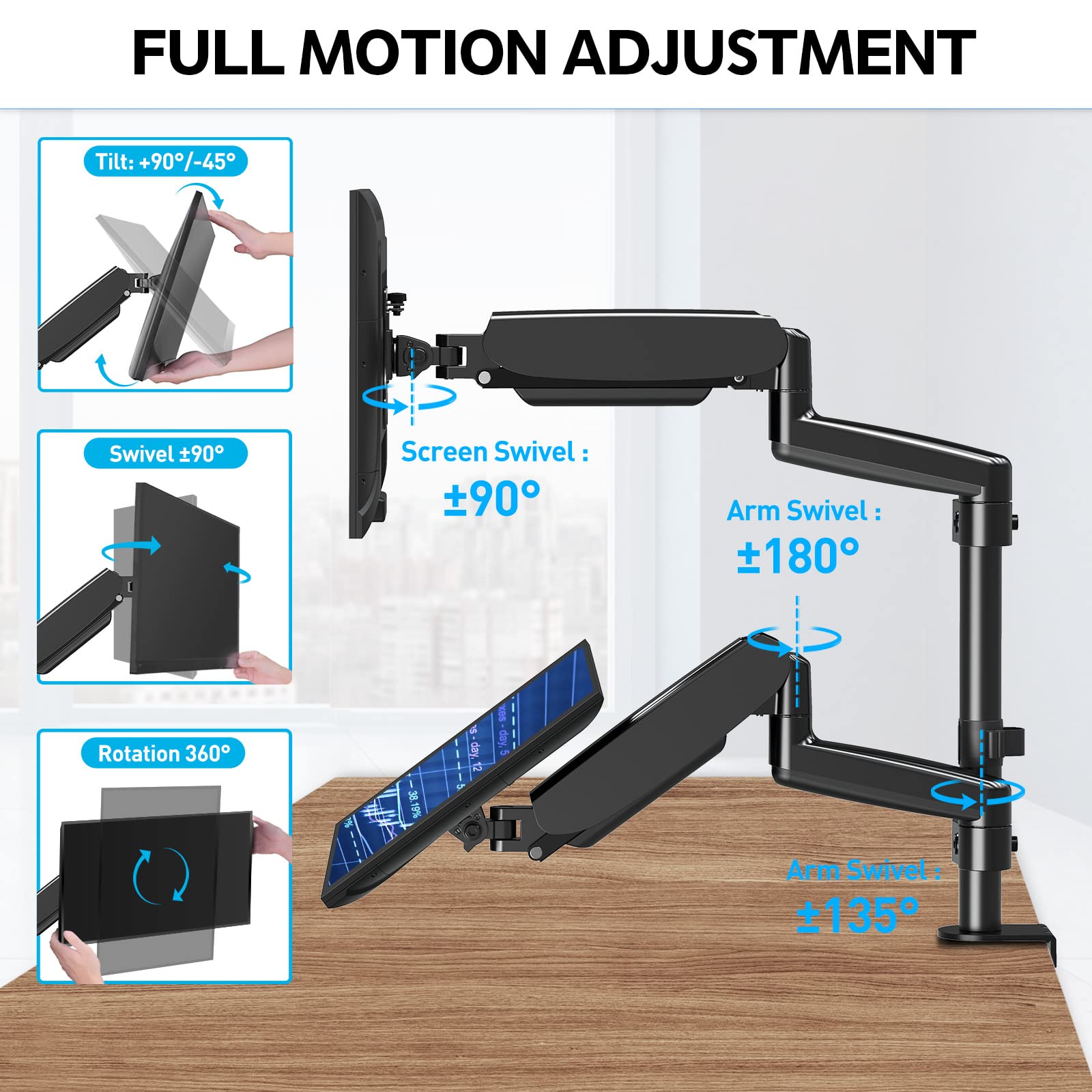 MOUNTUP Dual Monitor Stand for Desk - Adjustable Gas Spring Arm Mount Holds 2 Screens 17-32 Inch, VESA Compatible with Clamp/Grommet Base - Perfect for Home Office, Gaming & Workstation Setup