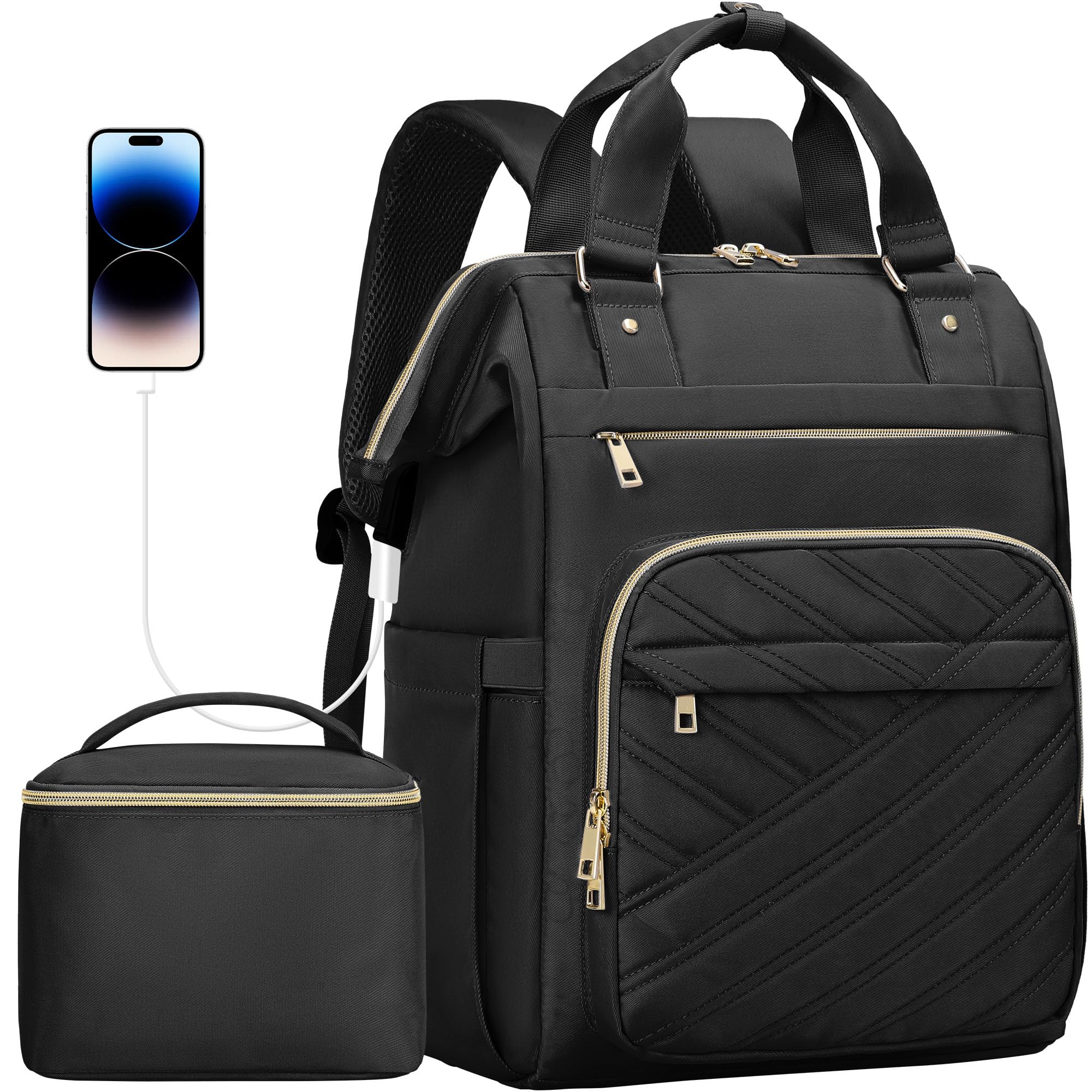 17.3 Inch Women's Laptop Backpack - Stylish Waterproof USB Charging Backpack for College, Work & Travel - Teacher Nurse Daypack Purse with Multiple Pockets (Black) - Perfect for Commuting, Campus & Business Trips