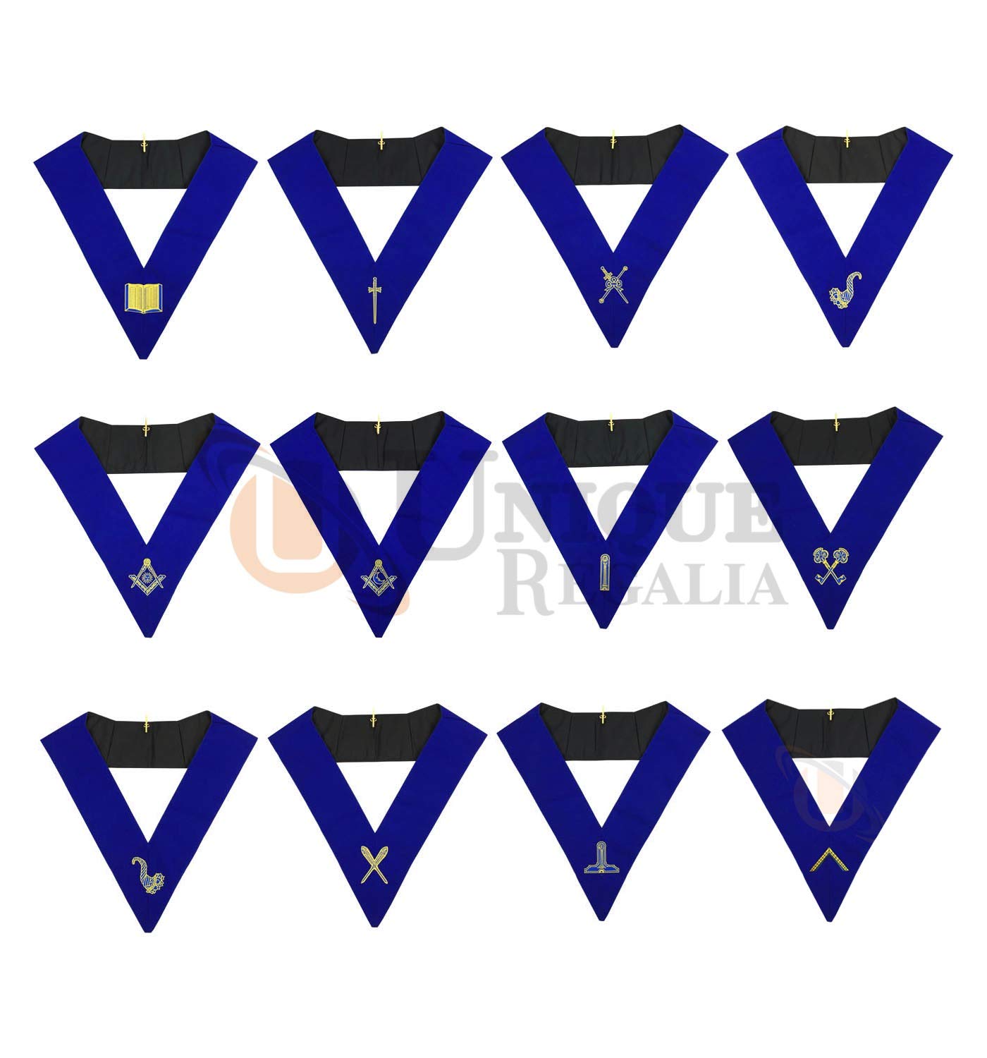Masonic Blue Lodge Officers Collar Set of 12 - Machine Embroidered Freemason Regalia MS025 for Lodge Meetings & Ceremonies