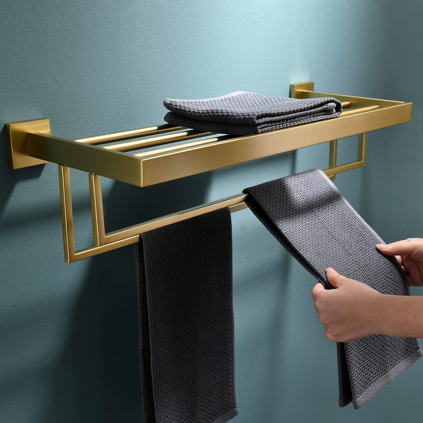 Brushed Gold Stainless Steel Wall Mounted Towel Rack with 2 Bars - Modern Bathroom Towel Shelf & Hanger for Hand & Bath Towels - Perfect for Spa, Guest Bath & Master Bath Organization