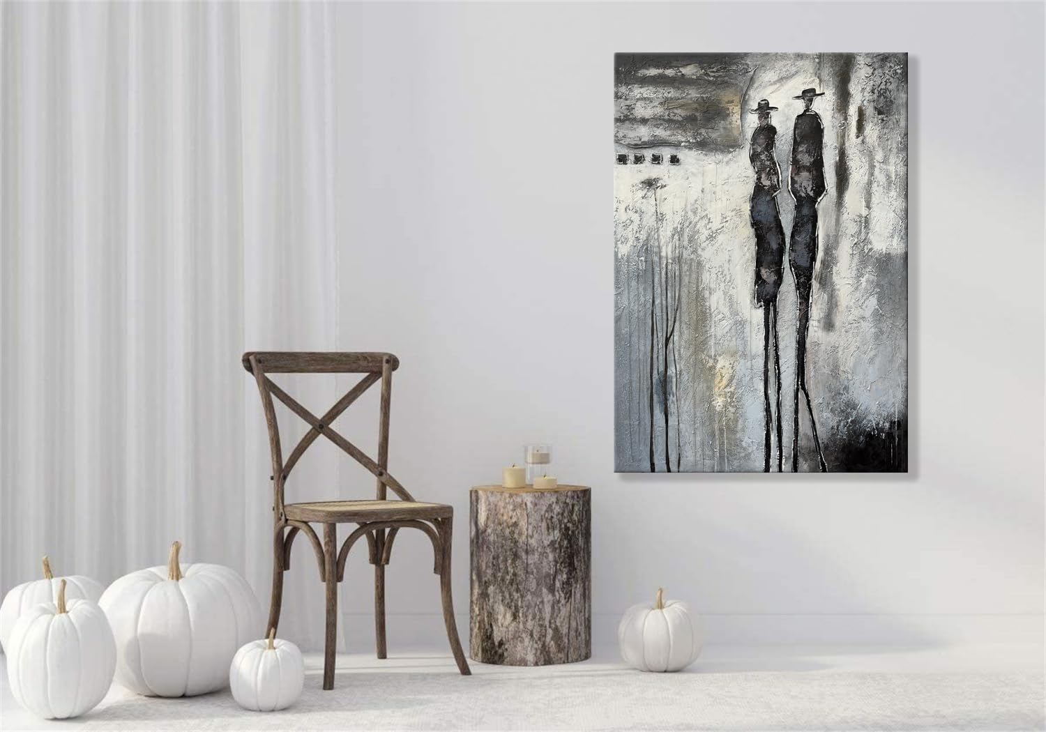 Yao or Miao Hand-Painted Dark Lover in Rain Oil Painting - 28x40 Inches Black & White Abstract Wall Art with Texture - Modern Home & Office Decor for Living Room, Bedroom, or Gallery Display