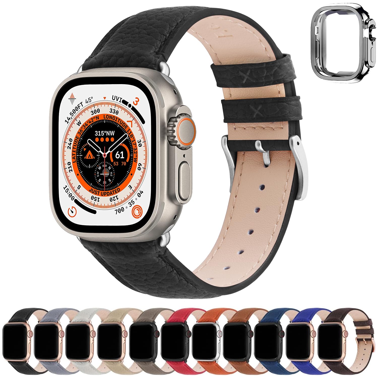 Fullmosa Genuine Leather Apple Watch Bands for 38mm 40mm 41mm 42mm 44mm 45mm 49mm - Compatible with iWatch Series 9/8/7/6/5/4/3/2/1/SE/Ultra - Elegant Dressy Strap with Protective Case - Perfect for Women's Work, Gym & Daily Wear