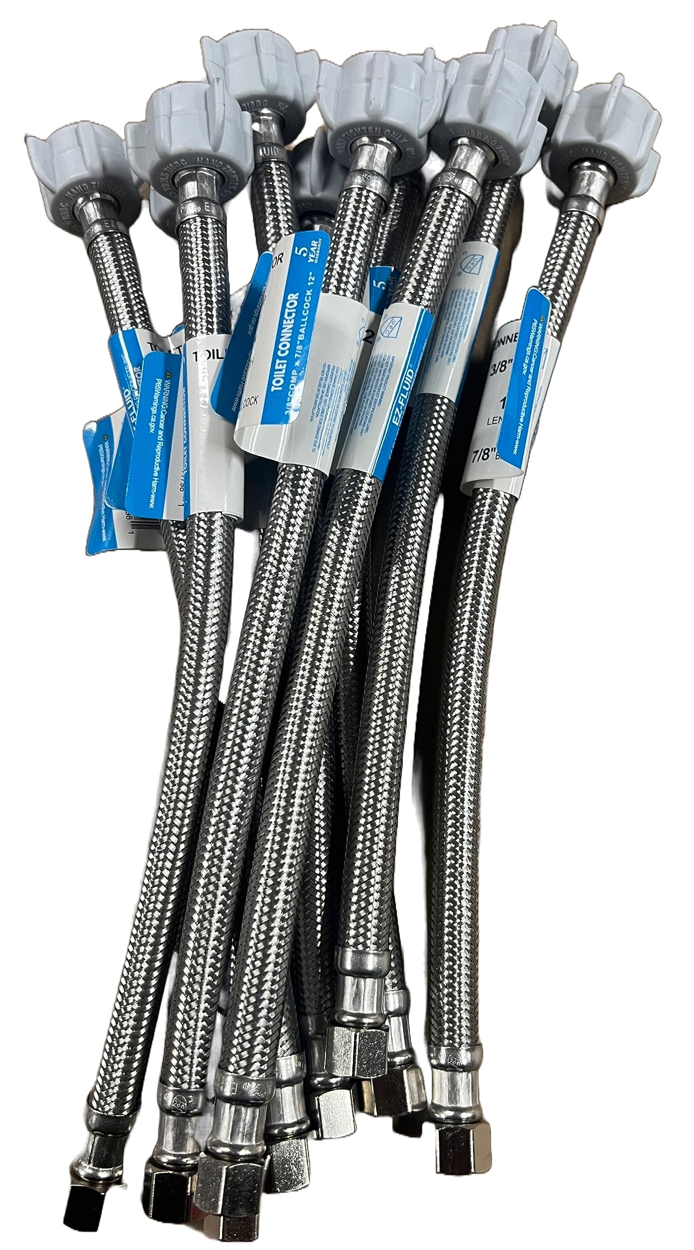 (10 Pack) EZ-Fluid 16 Inch Stainless Steel Braided Toilet Water Supply Line - 3/8
