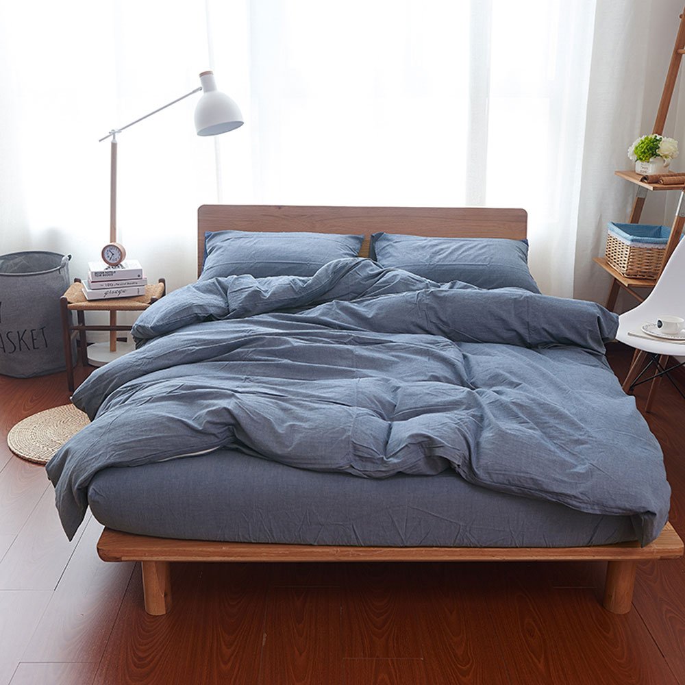 100% Cotton Queen Size Duvet Cover Set - 3 Piece Comforter Cover with Zipper Closure (Denim Blue) | Soft & Breathable Bedding for Master Bedroom, Guest Room & Dorm | Machine Washable