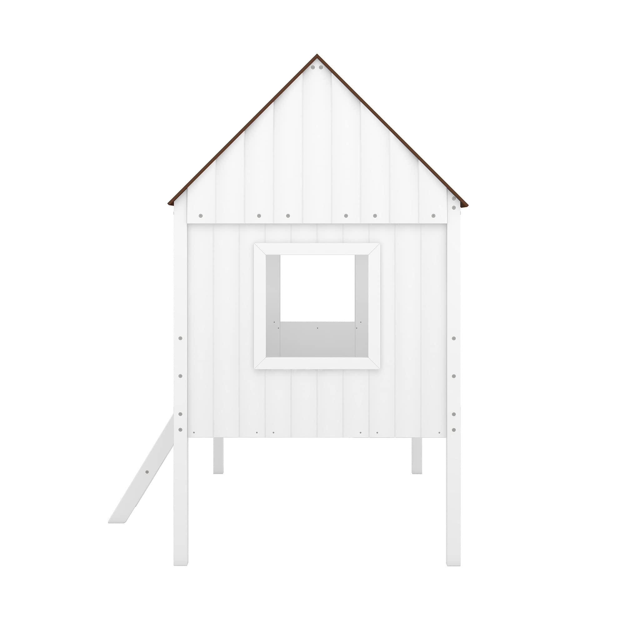 Wooden Low Loft Twin Size House Bed Frame for Kids & Teens - Toddler Bed with Side Windows & Roof - Perfect for Girls & Boys Bedrooms (White) - Ideal for Small Spaces, Playrooms & Cozy Sleep Areas
