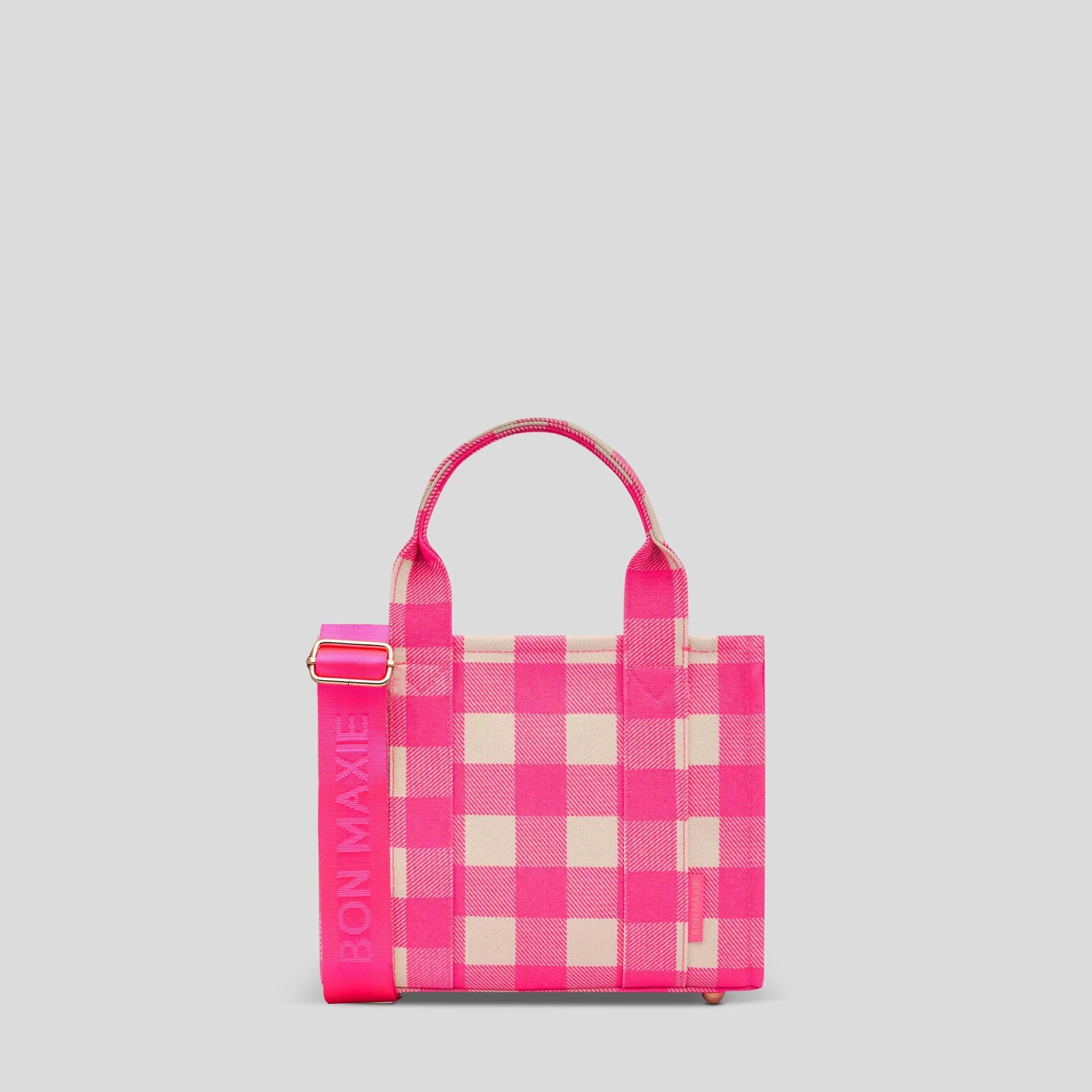 Micro Bon Vivant Structured Tote Bag - Stylish Neon Pink Gingham Pattern - Perfect for Work, Travel & Shopping - Durable & Fashionable Handbag for Women