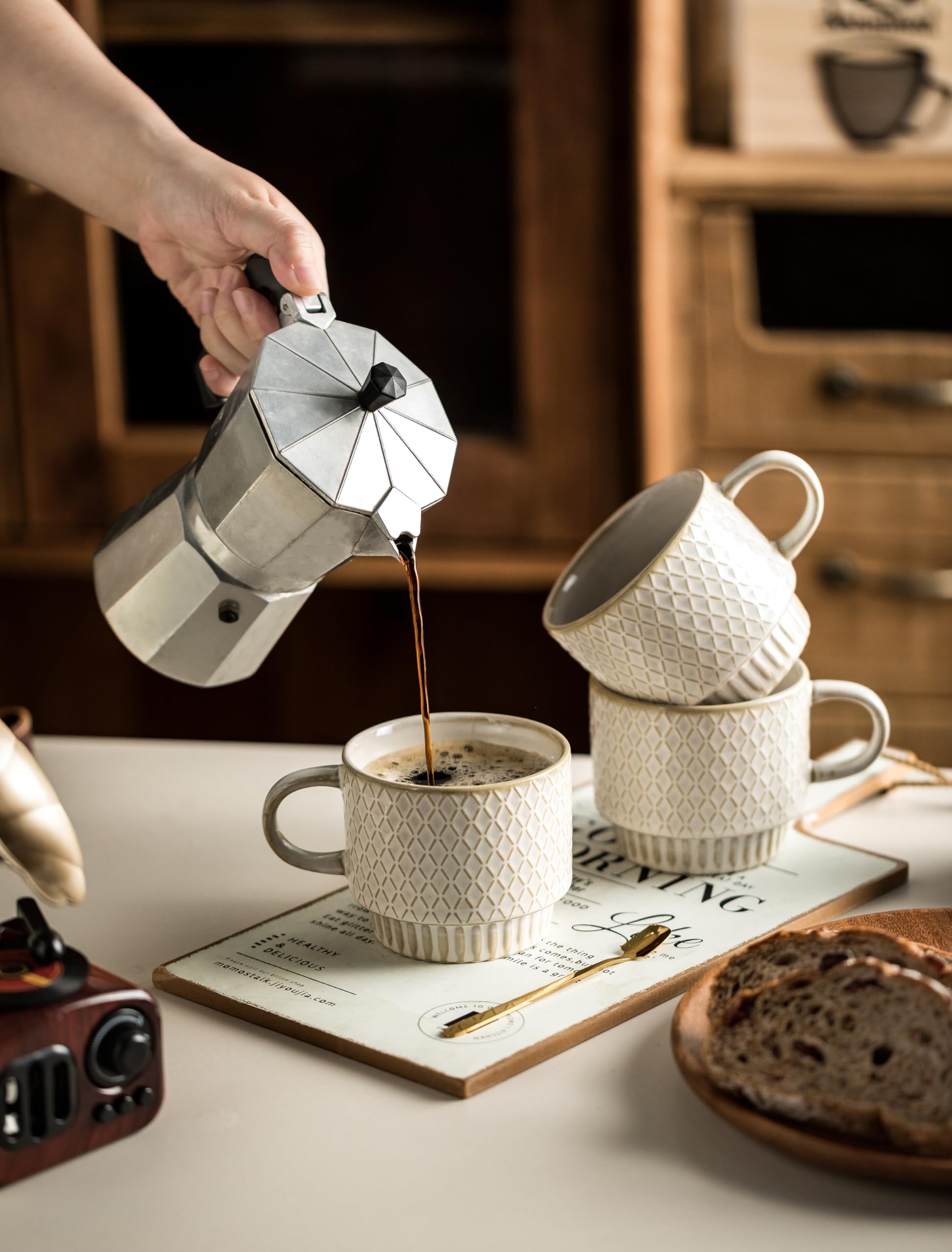 Gomakren 13oz Stackable Ceramic Coffee Mugs Set of 4 with Stand & Spoon - Perfect for Espresso, Latte, Cappuccino, Tea, Hot Chocolate & Milk - Ideal for Home, Office & Cafe Use - Creamy White