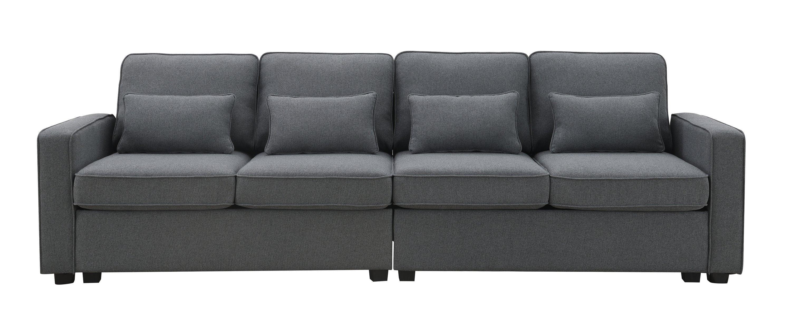 Modern 4-Seater Linen Fabric Sofa with Armrest Storage Pockets & 4 Throw Pillows - Minimalist Living Room Couch for Small Spaces, Apartments and Cozy Home Decor