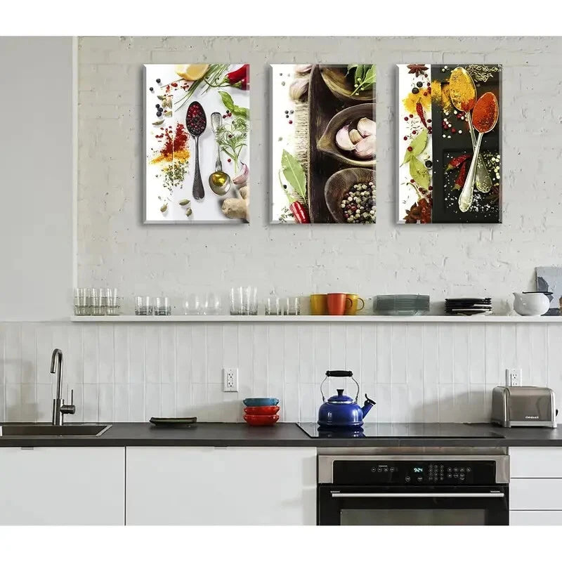 3-Piece Colorful Spices & Seasoning Herbs Metal Wall Art Prints - Ready to Hang Kitchen Decor for Home, Restaurant, or Cafe