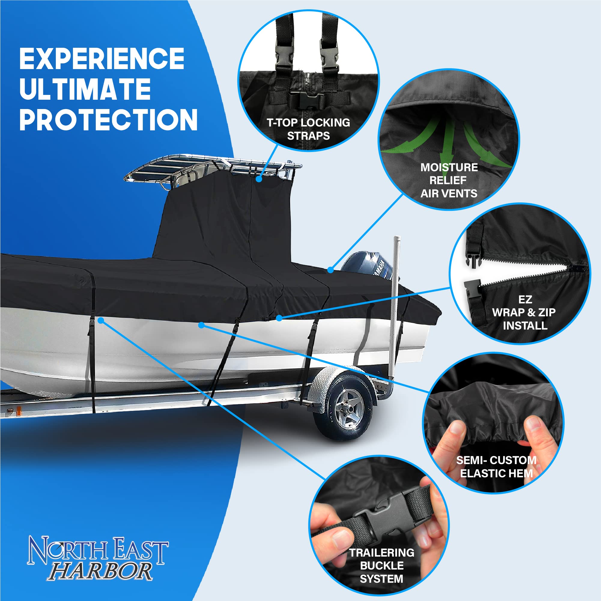 NEH T-Top Boat Cover 17-19ft - Heavy Duty Waterproof Marine Fabric, UV Fade & Rip Resistant, Trailerable Hard Top Center Console Protection - Perfect for Saltwater Fishing & Coastal Boating (Black)