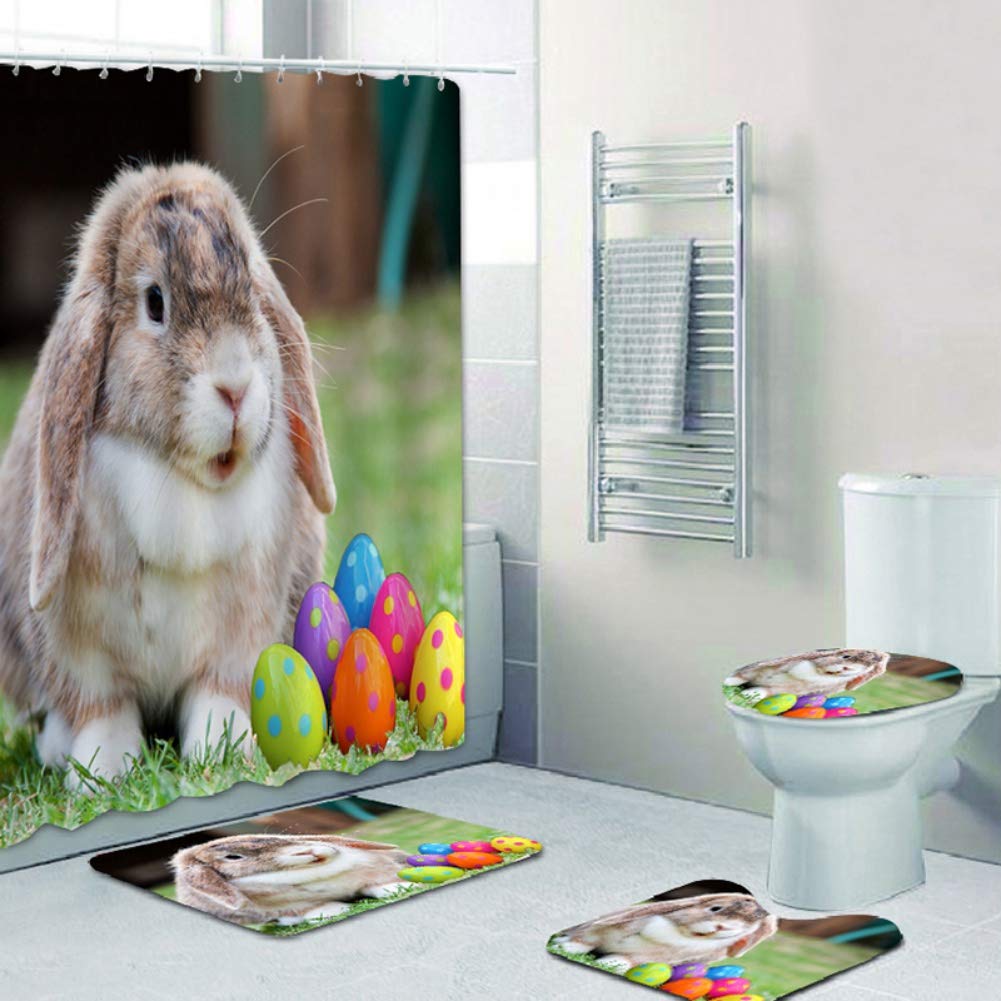 Easter Shower Curtain Set - 4Pcs Waterproof Polyester Bathroom Decor with Bunny & Egg Design for Easter Celebration - Perfect for Spring Bathroom Makeover & Holiday Home Decor